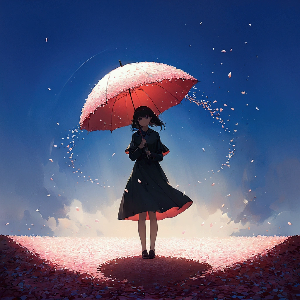 1girl\(holding umbrella\(transparent,(mass amount of petals decorate umbrella:1.3)\)\), (mass amount of petals filling in the air:1.5). petals cover ground. minimalism, simplism. BREAK .quality\(8k,wallpaper of extremely detailed CG unit, high resolution, top-quality, top-quality real texture skin, hyper realistic, increase the resolution, RAW photos, best quality, highly detailed, the wallpaper, golden ratio, high saturation realism, vibrant colors, dramatic lighting, persuasive storytelling, atmospheric scenery, captivating visuals, intricate details, strong emotions, dreamlike world\),