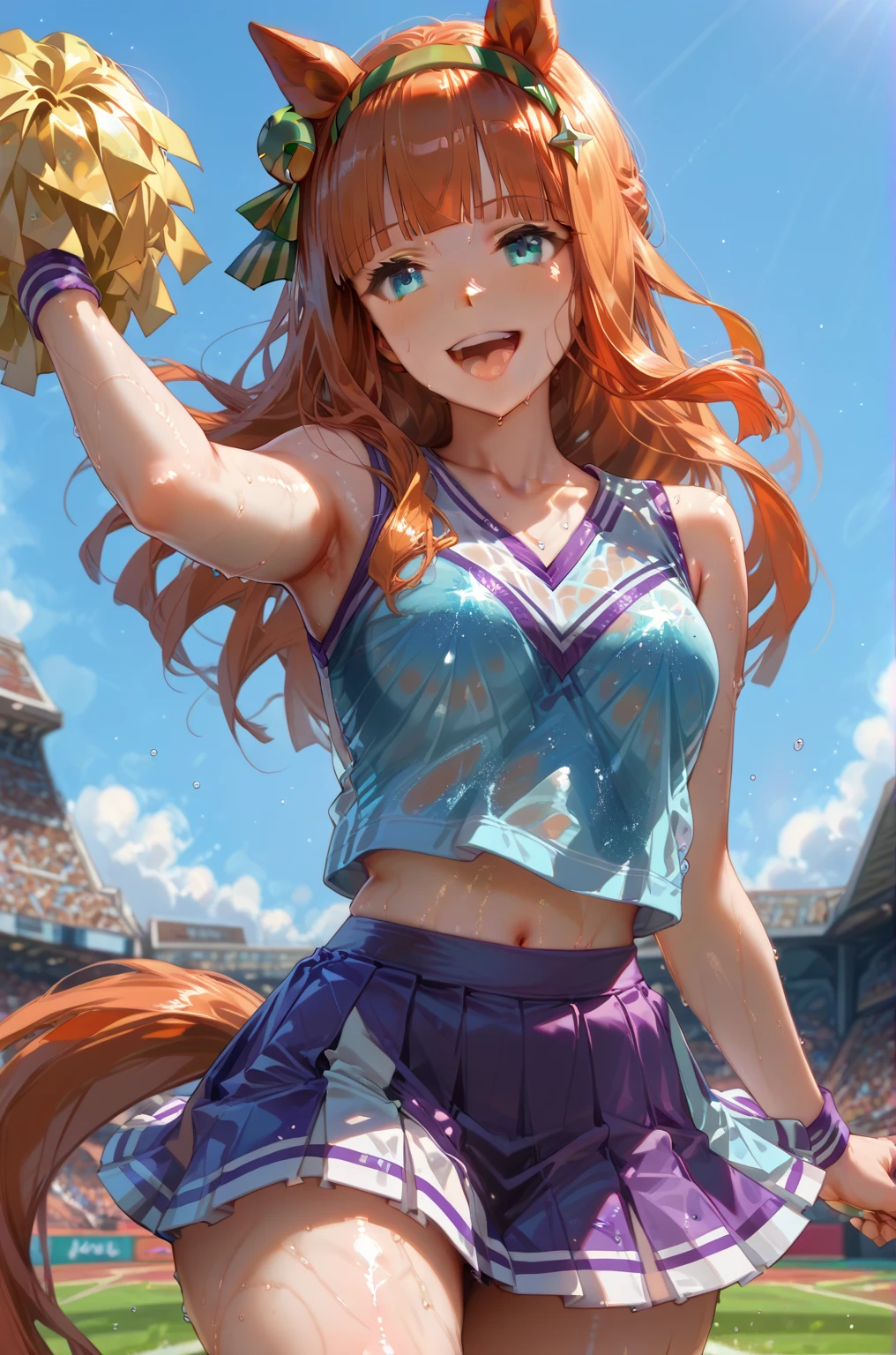 1 girl, solo, silence suzuka \(umamusume\), cheerleader, pom pom \(cheerleading\), pleated skirt, best quality, laugh, good anatomy, masterpiece, shiny, shiny skin, shiny outfit, wet clothes, wet skin, dynamic pose