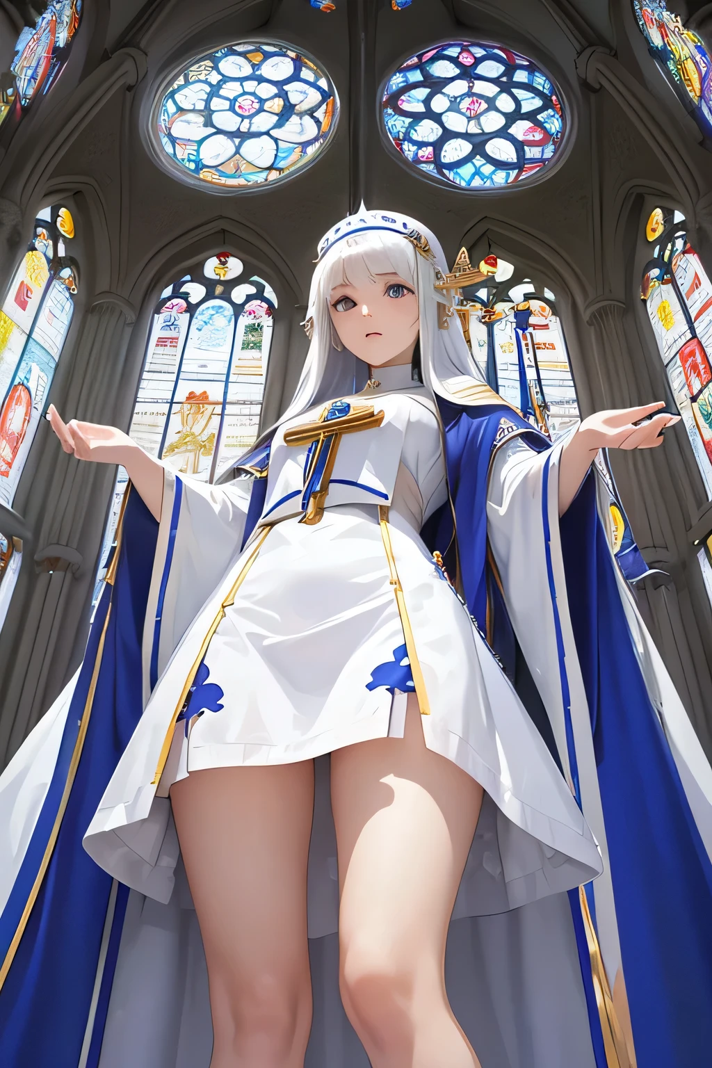 Female priestess, pure white priest robe, long (blue) hair, ((mini skirt)),((panty shot)),((photo taken from below)), church, stained glass,(((side view)))