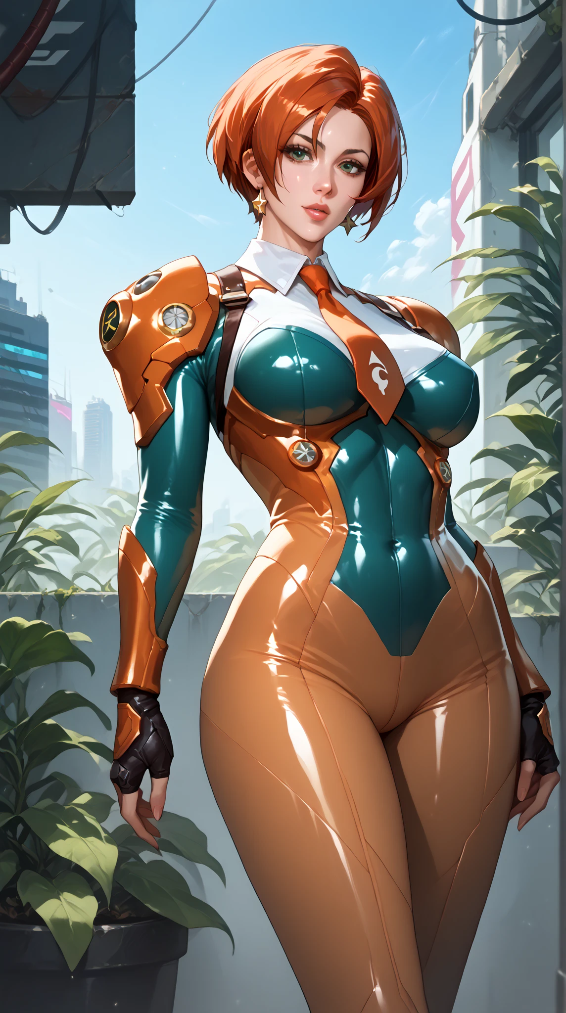 Score_9, Score_8_up, Score_7-up, Score 6-up, ScoreS Score 4_up, Source anime, eve (stellar_blade), solo, bodysuit, necktie, abandoned cyberpunk city overgrown with plants, standing, looking at viewer, shiny clothes, skin tight,