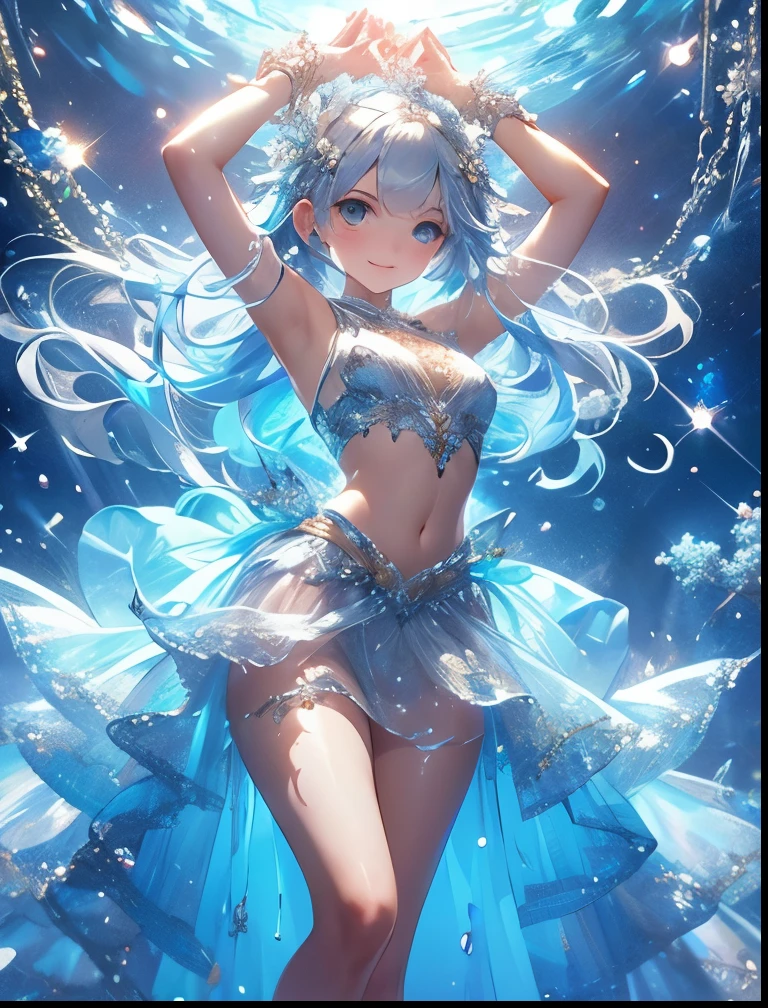 (((SFW、Precision、Highest quality、A first-class masterpiece、Normal body、8k、 Detailed Face 、Ultra-precision、 Normal hand、5refer to、Highest)))、A beautiful, pretty, and cute silver-haired girl wearing a transparent and glittering belly see-through V-cut super high-leg cut dress that allows her skin to see through raised her hands and tied them with a chain
