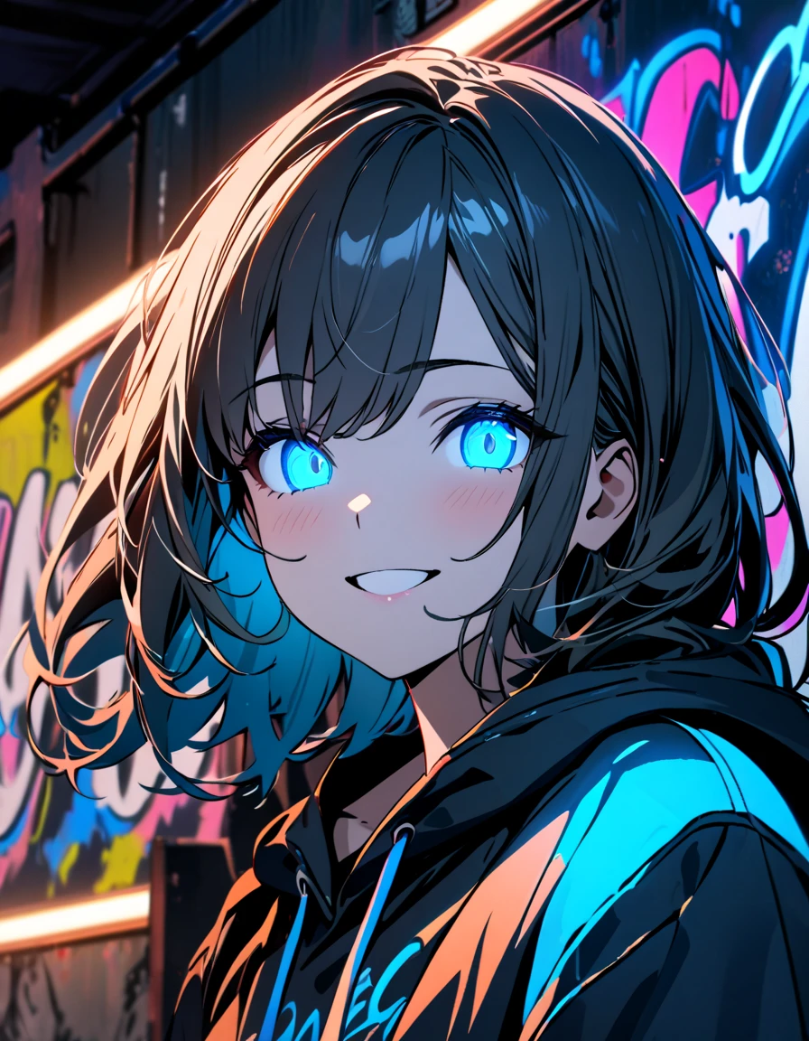 A smiling girl in a dark night scene, wearing a hoodie, with ornaments, neon blue accents, graffiti, and glowing eyes, 8k, detailed background, masterpiece, high quality, portrait, black light