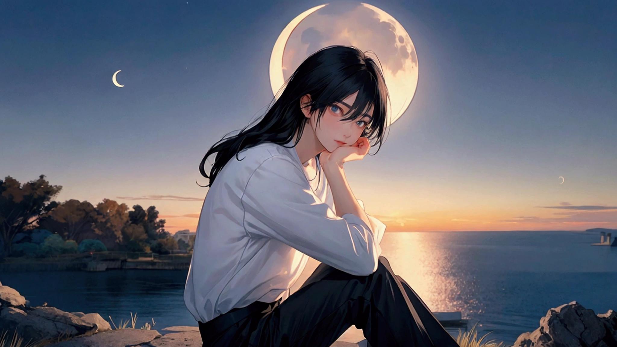 1boy, male_focus, sky, cloud, solo, sitting, outdoors, crescent_moon, black_hair, moon, hugging_own_legs, sunset, scenery, shirt, hair_over_eyes