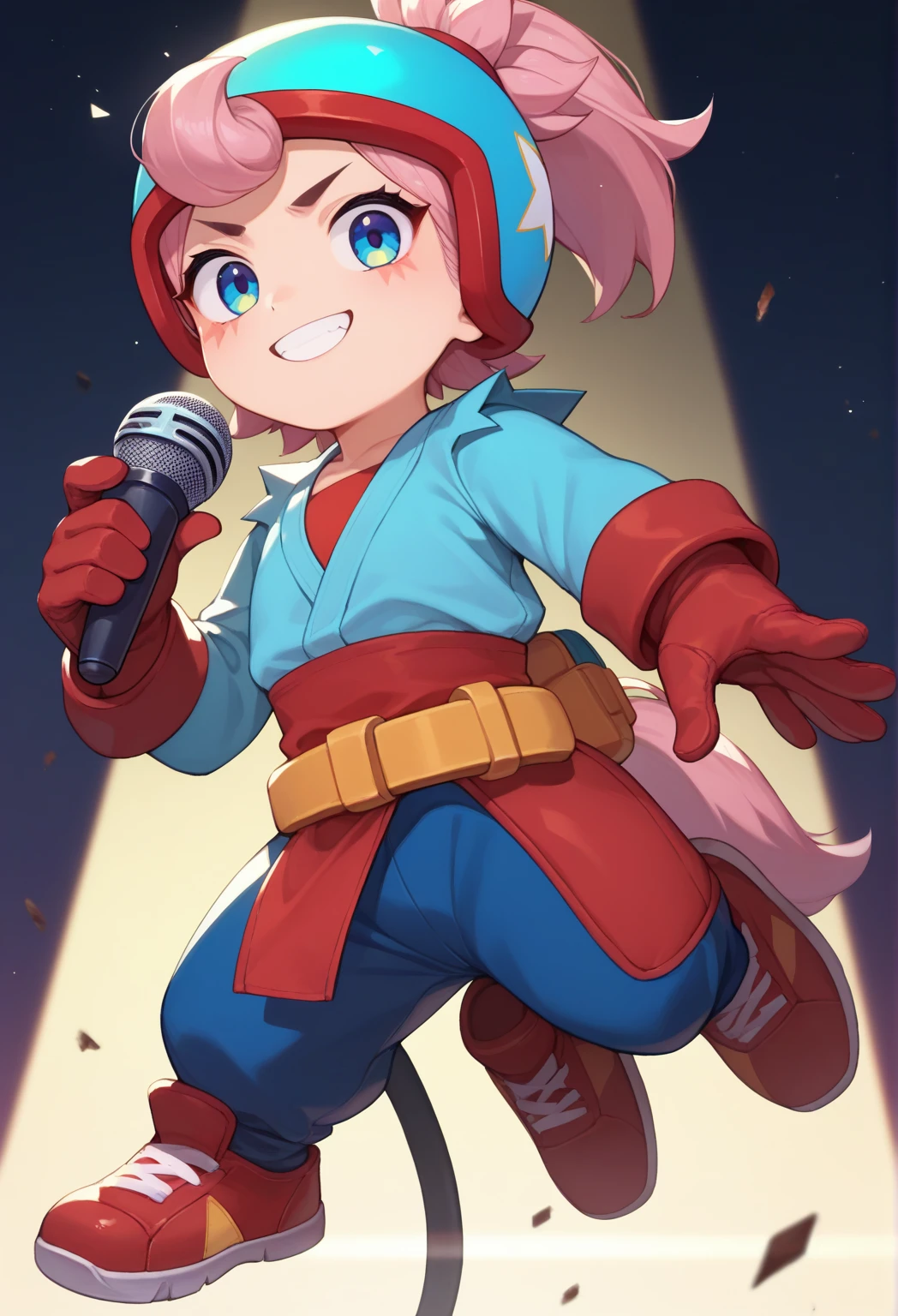 a result_9, a result_8_higher, a result_7_higher, source_Anime, Alone,  one girl, , Smiling,  looking at the viewer ,  red gloves holding a microphone , pony tail, helmet,  multicolor clothes, A blue costume ,  long sleeves , Red gloves ,  Thigh Shoes , belt, Spotlight 