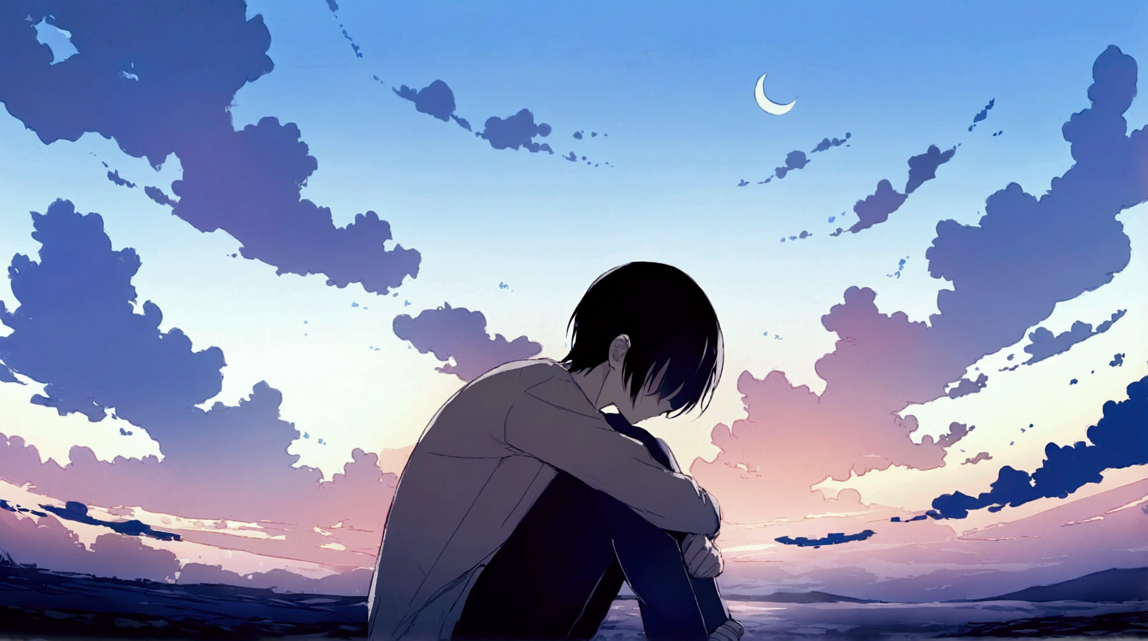 1boy, male_focus, sky, cloud, solo, sitting, outdoors, crescent_moon, black_hair, moon, hugging_own_legs, sunset, scenery, shirt, hair_over_eyes