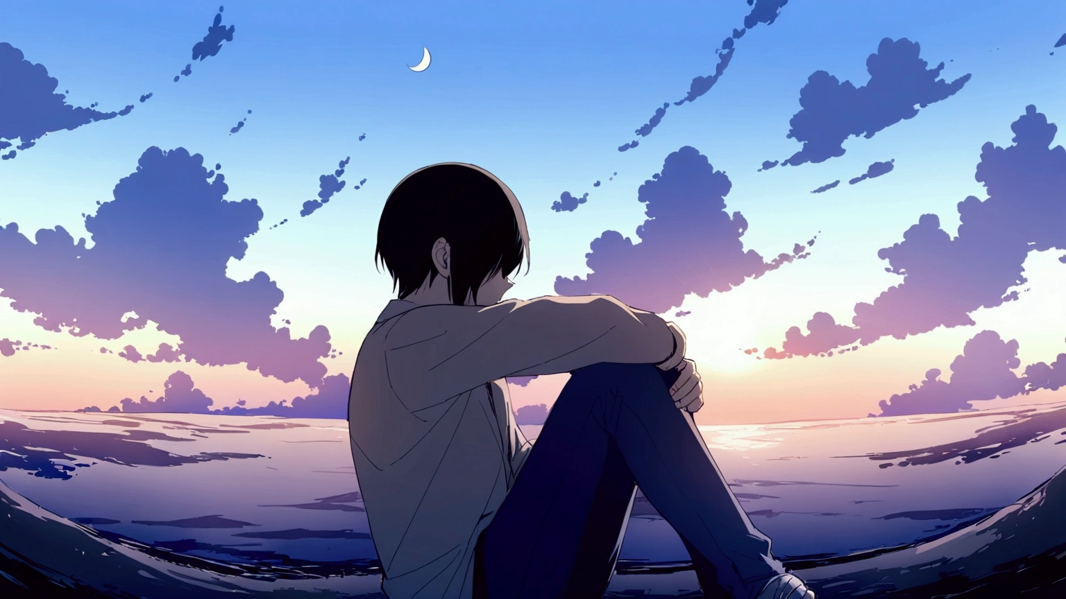 1boy, male_focus, sky, cloud, solo, sitting, outdoors, crescent_moon, black_hair, moon, hugging_own_legs, sunset, scenery, shirt, hair_over_eyes