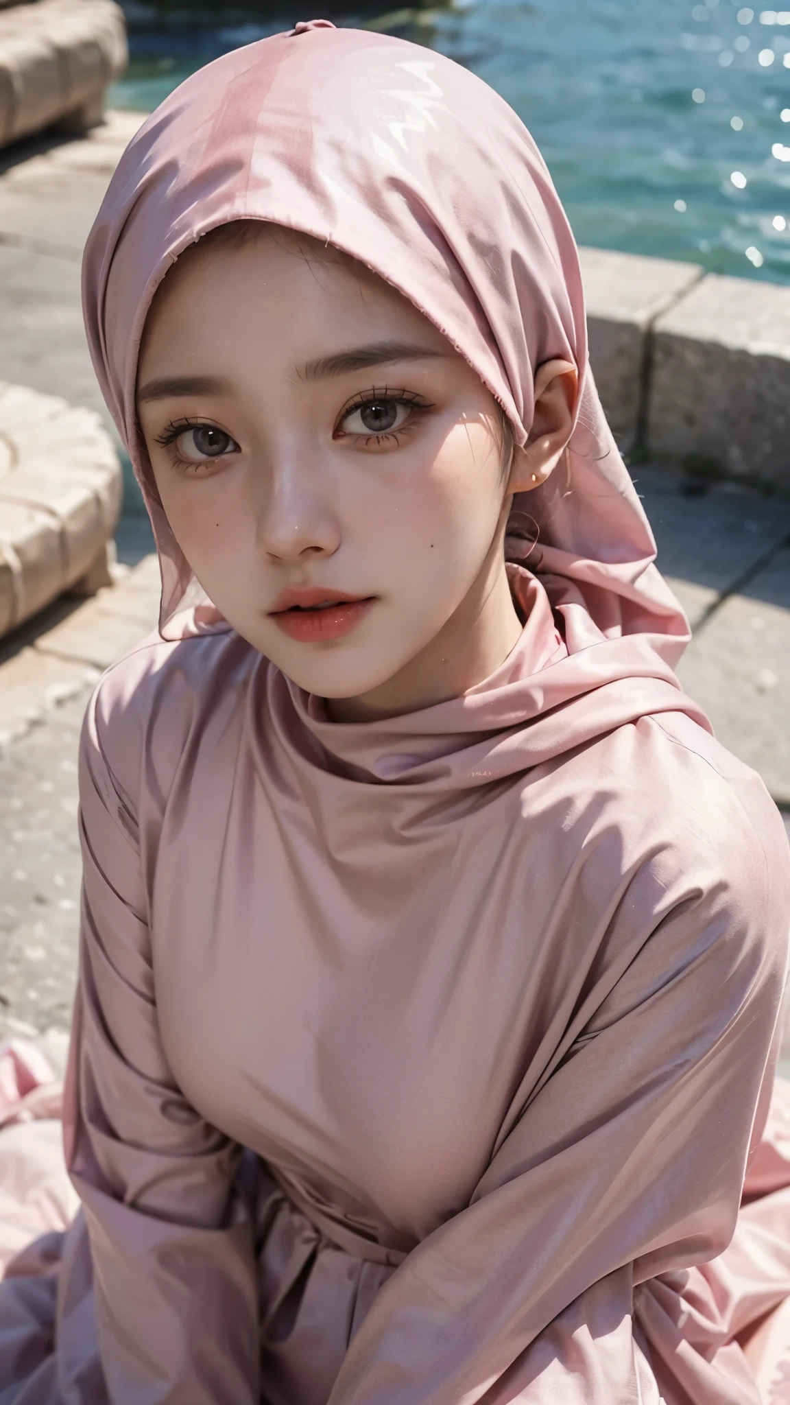 Realistic photo,wearing dress and long hijab pink colours, look from above, hyperrealistic, masterpiece, sweet ekspresion, melancholy , closeup photo, bright eyes, sexy lips, detailed makeup, detailed eyes cornea, wearing hijab no hair looks, blush pink cheek, outdoor background