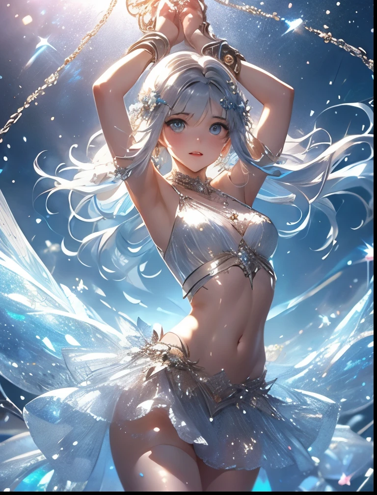 (((SFW、Precision、Highest quality、A first-class masterpiece、Normal body、8k、 Detailed Face 、Ultra-precision、 Normal hand、5refer to、Highest)))、A beautiful, pretty, and cute silver-haired girl wearing a transparent and glittering belly see-through V-cut super high-leg cut dress that allows her skin to see through raised her hands and tied them with a chain