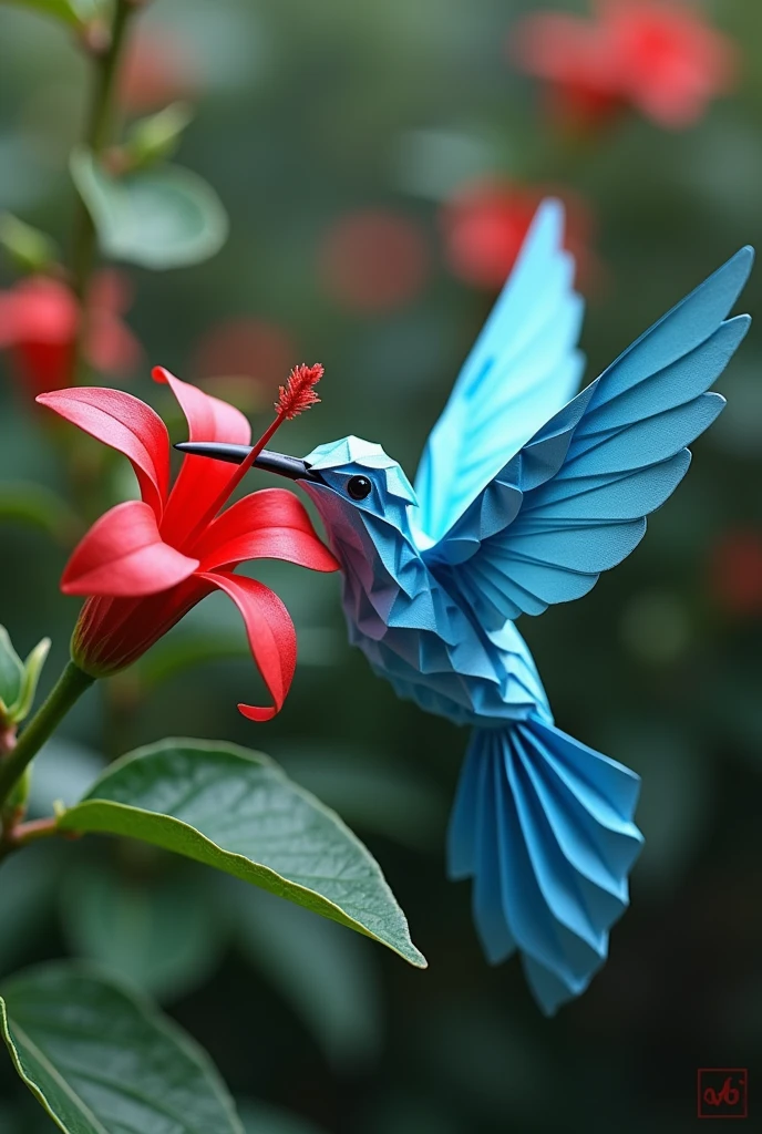 cinematic shot of beautiful origami hummingbird feeding on exotic flower in lush forest, iridescent plumage, vibrant colors, lens flare, bokeh, high resolution
