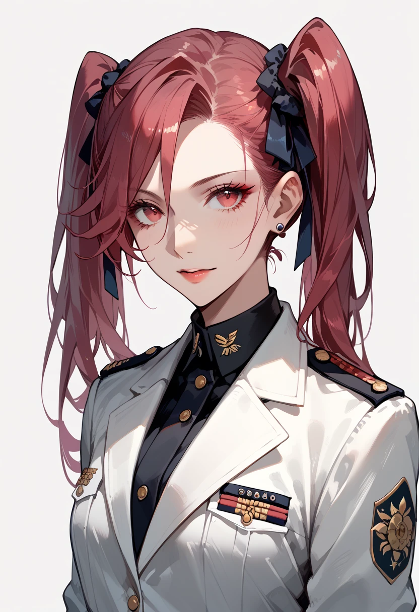 Anime girl with chaotic crimson eyes. Wearing white military uniform.