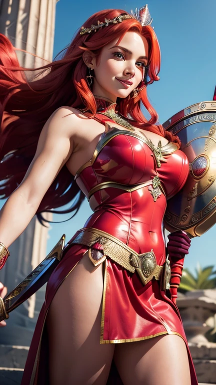 8k, ultra HD, super details, high qualiy, high resolution. Heroine Scarlet Witch looks beautiful in a full-length photo, her body is sculptural, her long wavy red hair shines in perfect combination with her white skin, your bright blue eyes hypnotize everyone. She is wearing her heroine costume which consists of a red corset with red cape., red skirt and red boots. She also wears a red tiara. She is very sexy, drawing attention to her big breasts and thick legs. She's in a woods enchanting under the moonlight.