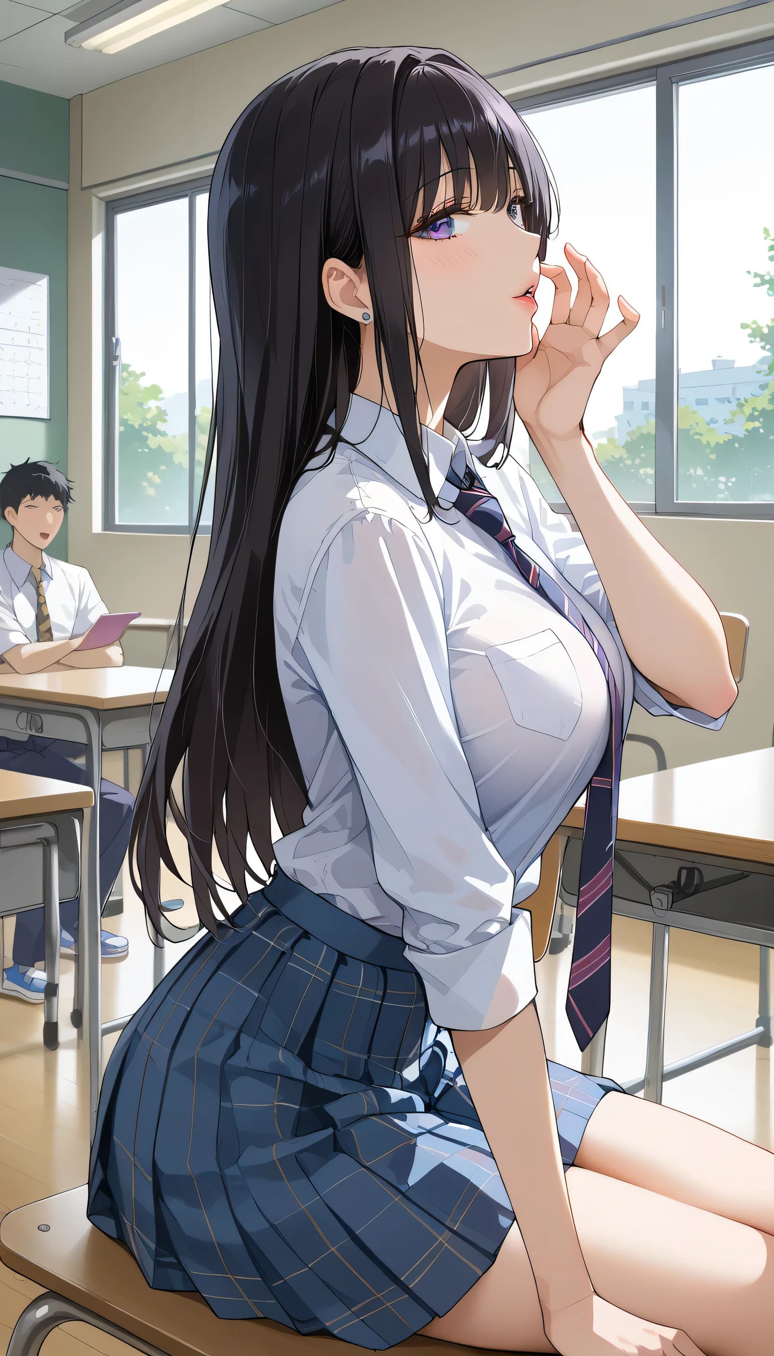 School、、 yandere、backyard、 score_9,  score_8_up,  score_7_up,  source_Anime,masterpiece,checkered necktie、、Kiss顔、Kiss、 best quality, BEAUTIFUL AND DETAILED EYES ,  beautiful detailed lips、Aggressive look、 very detailed eyes and face ,、 long breasts, 1 female,、 high school girl、Matte Clothes 、 plaid skirt for sitting in a yuka、Big saggy breasts, shockingly  Big Breasts ,  Big Breasts ,  at school or behind the school building、Outside the school building 、、 gym sitting の女の子、 no makeup、 black hair、 long hair、Kitchen Disorders 、、As planned 、 taken from behind 、Gal-like pose、 turn your back、 gym sitting 、床に gym sitting 