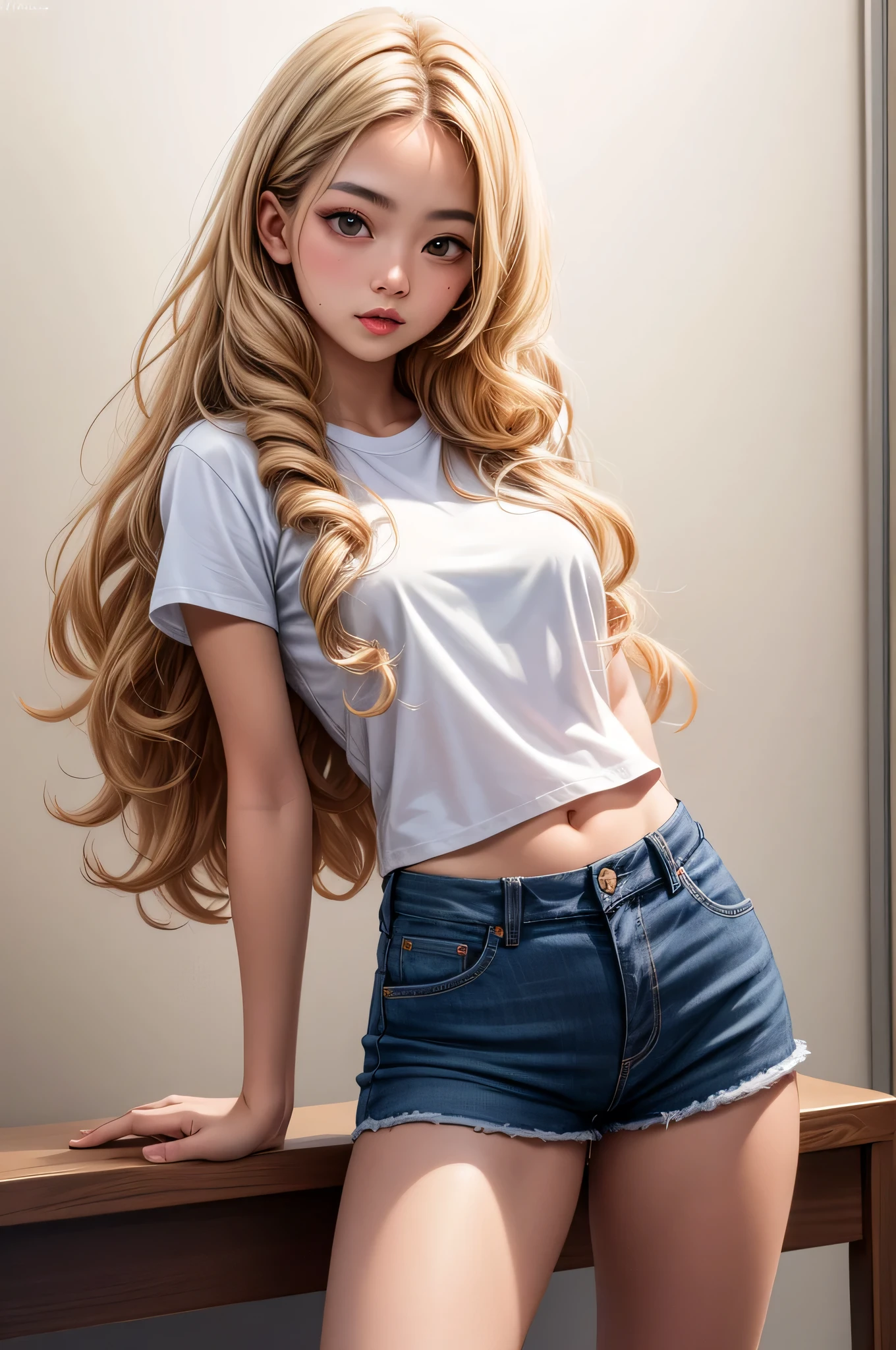 A girl, long blonde hair, wavy hair, no bangs, grey eyes, medium breast. She wears bra and shorts, beautiful girl,  hands in her hair, detailed eyes, detailed face, detailed hands, looking at the viewer. Background under the shower in bathroom