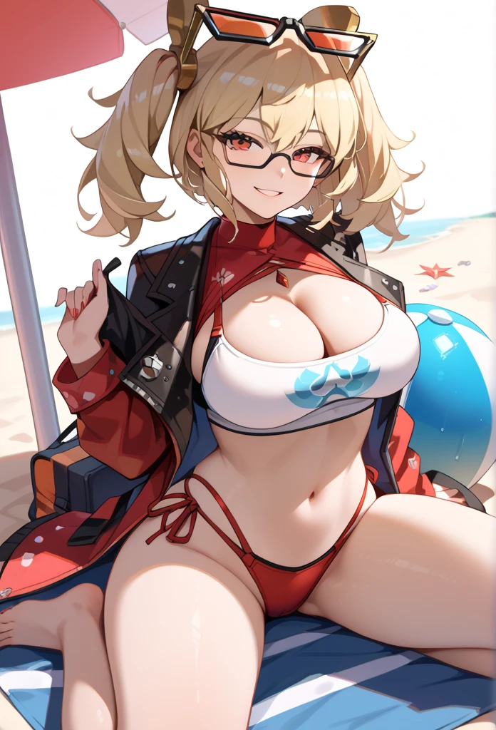   1 girl, chest, Alone,  glasses on the head, belly button,  LOOK AT THE VIEWERS ,  crop top,  clevis, smile, bikini,  twin tails,  blonde hair, red eyes, beach 、  swimsuit,   clevis bulge 、Front View, Sit-in. open legs