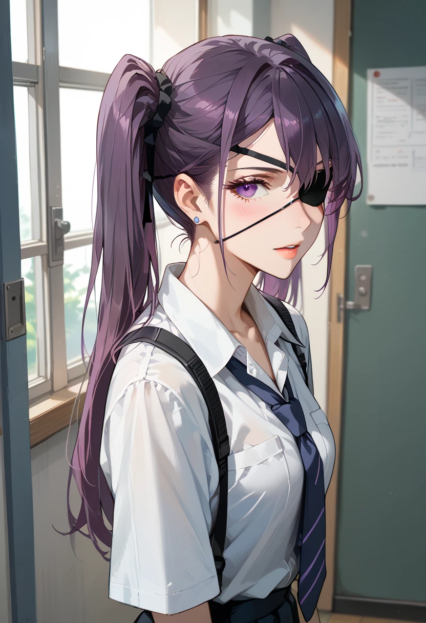 .Eye patch、 purple hair、uniform、School corridor