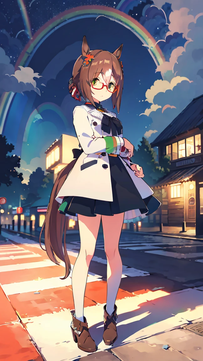 masterpiece,  best quality,  high definition ,  Very detailed,(((Fine Motion))), (((Horse Girl))), (((Around town))), (((rainbow))), ((( standing))), (((night))), ((( starry sky ))), (((pedestrian crossing))), (((Red glasses))), 