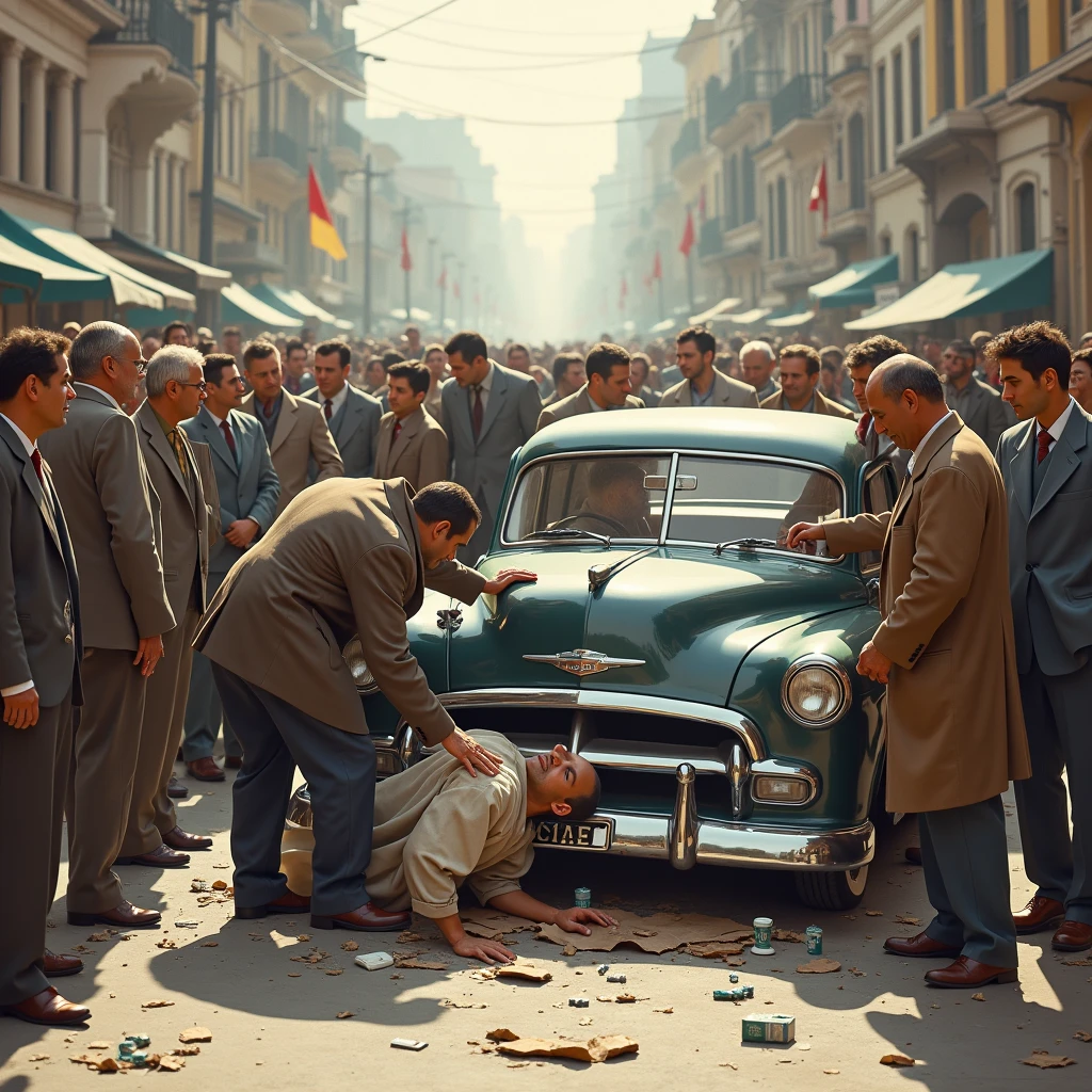 Recreate a car accident with an old-fashioned passenger bus, nothing grotesque with worried people around and a young woman who barely looks injured on the ground