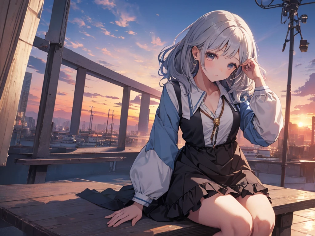 Solo, 1 girl, (human ears, earrings), (anime face), (((sitting, hands on head))), (black casual dress with ruffled sleeves, black skirt with ruffles), ( sunset sky, sunset sun) , evening sky), (focus on chest, oblique angle), (high resolution, masterpiece, accurate, anatomically correct, multiple award winning, top quality, detailed, high quality model, high quality , retina, highly detailed, textured skin, ultra-high resolution).