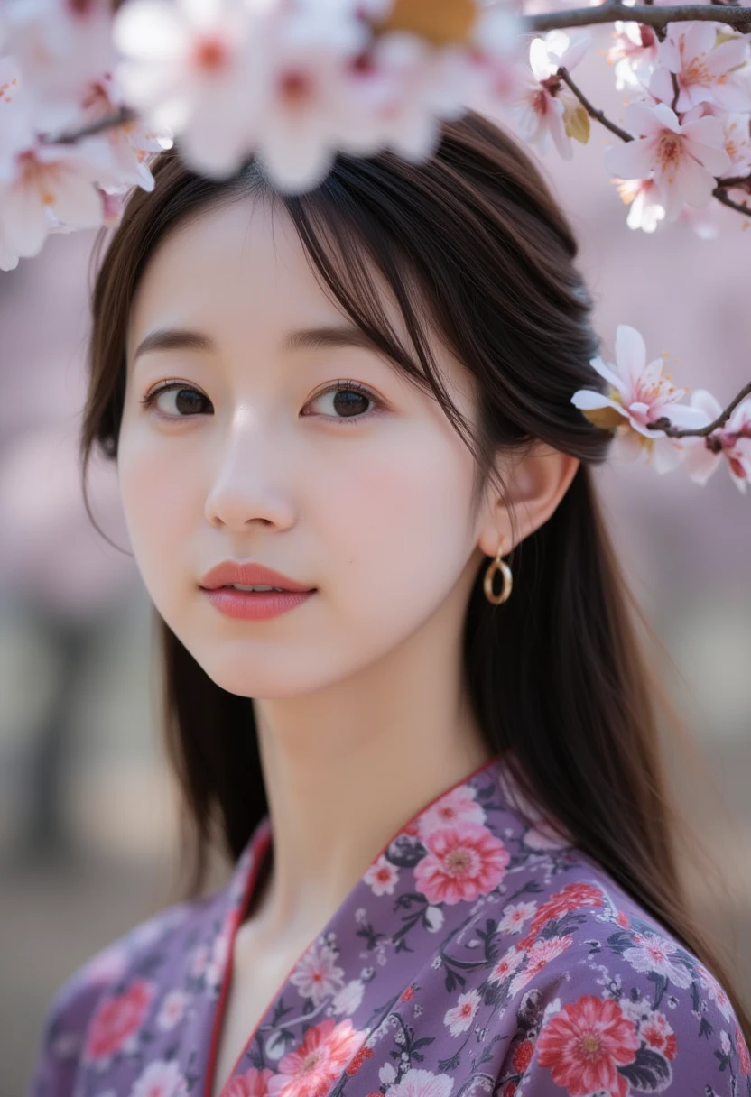 A close-up portrait of a beautiful  asian woman with traditional East Asian aesthetics. She has delicate falling cherry blossom before her face , enhancing her natural beauty . Her expression is calm and serene, with slightly parted lips and deep, expressive eyes. Her face-expression is joyfull and gentle.Her long dark hair flows naturally, with cherry blossom branches and flowers adorning her hair. She is wearing a floral purple kimono with intricate patterns in pink, red, and dark shades. The background is soft, blurred, with additional cherry blossom branches creating a dreamy and ethereal atmosphere. The color scheme includes soft pastels and muted tones, giving the image a gentle and romantic feel. Lighting is soft and diffused, emphasizing her facial features and the floral details. 