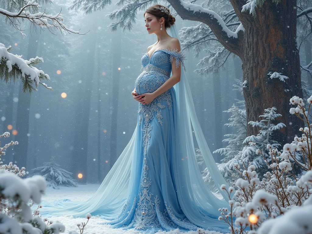 a pregnant woman in a silver dress posing for a photo, full body photoshoot, wearing silver dress, fancy silver dress, gown, wearing long gown, wearing a sparkling dress, glitter dress, full body photograph, full body portrait shot, royal gown, fantasy long intricate gown, full body shoot, full body wide shot, long gown, full body pose, isabella, glitter
