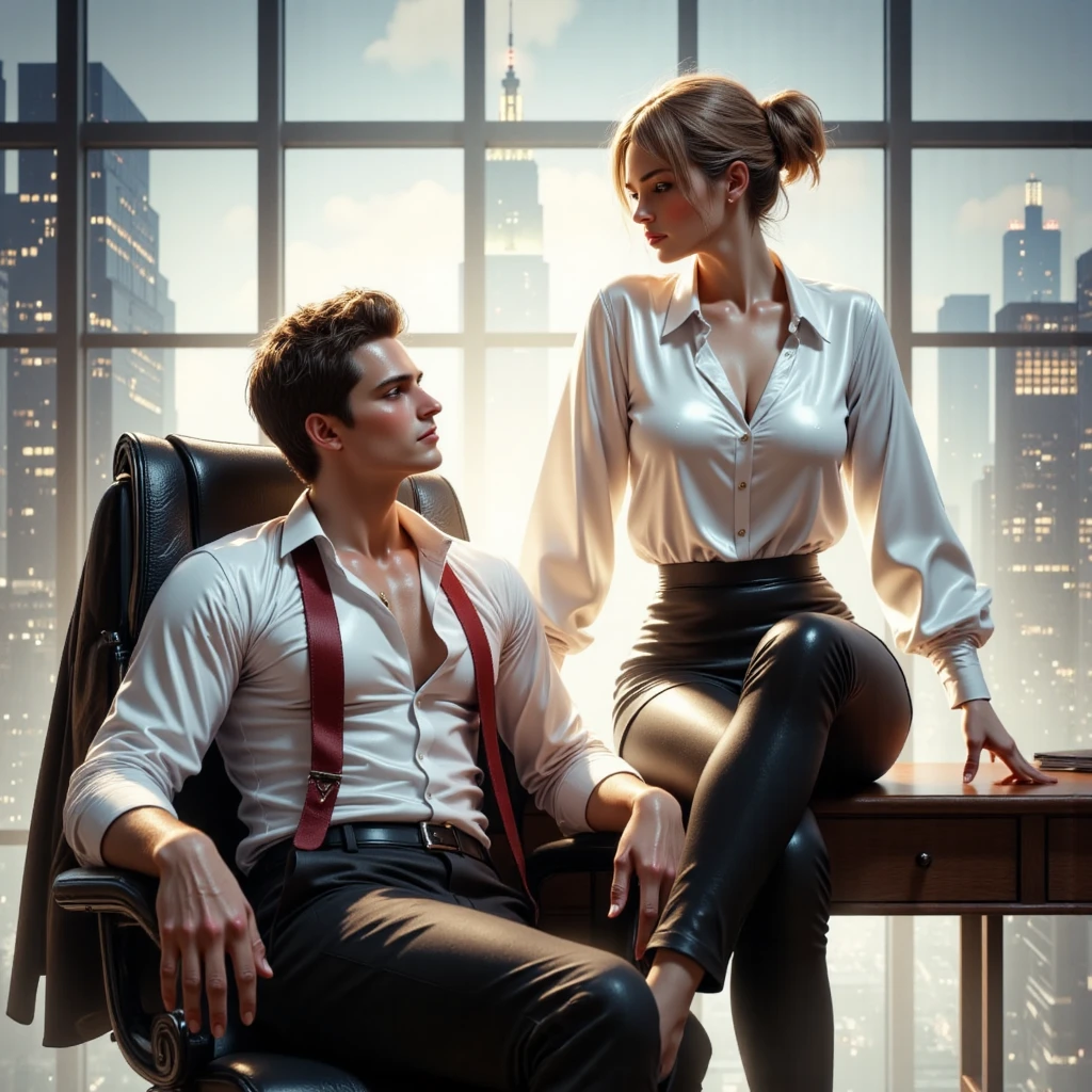 FOR BOOKCOVER, modern fantasy world, book cover photorealistic illustration a very handsome 30 years brutal attractive sexual businessman dressed in suit sit on chair with his beautiful cool smile 18years smile flirtous cool sexy woman with short blondhairs dressed in white silk blouse and black sirt in cool pose, face to face,dynamic scene,in modern dress,in the background modern office with panoramic window city view, face to face, love, tenderness, care, bright colors, glitter, waist high, maximum texture, super high detail, perfect natural proportions, contrasting bright colors, dynamic pose, high quality, sharp focus, highly detailed facial features, uplight, focus eyes, clean eyes with detail, volumetric lighting, hyperreal photograph, high contrast, depth of field, unreal engine5 --niji 5 VIBRANT VIVID,perfect anatomy,perfect hands,perfect fingers. Triadic vivid colors. (((ultra textured))) (((look eyes to eyes: 1.5)))