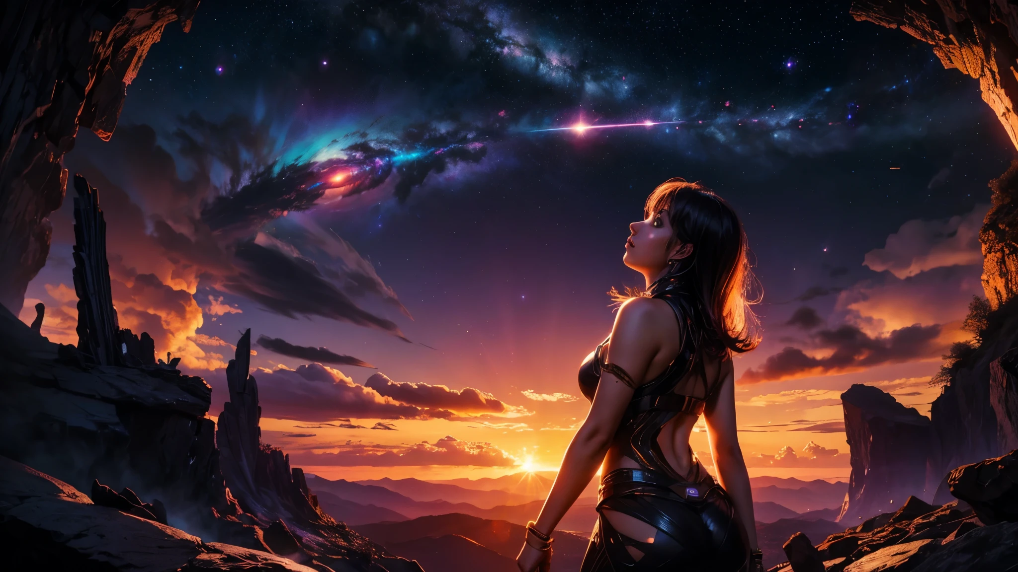 NSFW, 8K,High -level, absurd, masterpiece, best quality, primitive, very detailed CG, very detailed wallpaper, VolumetricLighting, LifeLike Shading, Extremely detailed (((The personification of Red Moon))), RoundlyButts, ThighGap, MysticSight, Tyndall effect, Tyndall scattering, (Acutance:0.86), (EXPOSED:0.5), (ZoomedOut, Assfocus, From diagonally behind:1.6), from below, She Standing in the air Above clouds, Looking down colored clouds, Starly Dusk Sky, Stars, Meteors, RainbowColored Curved Horizon, (Don't look back:2)