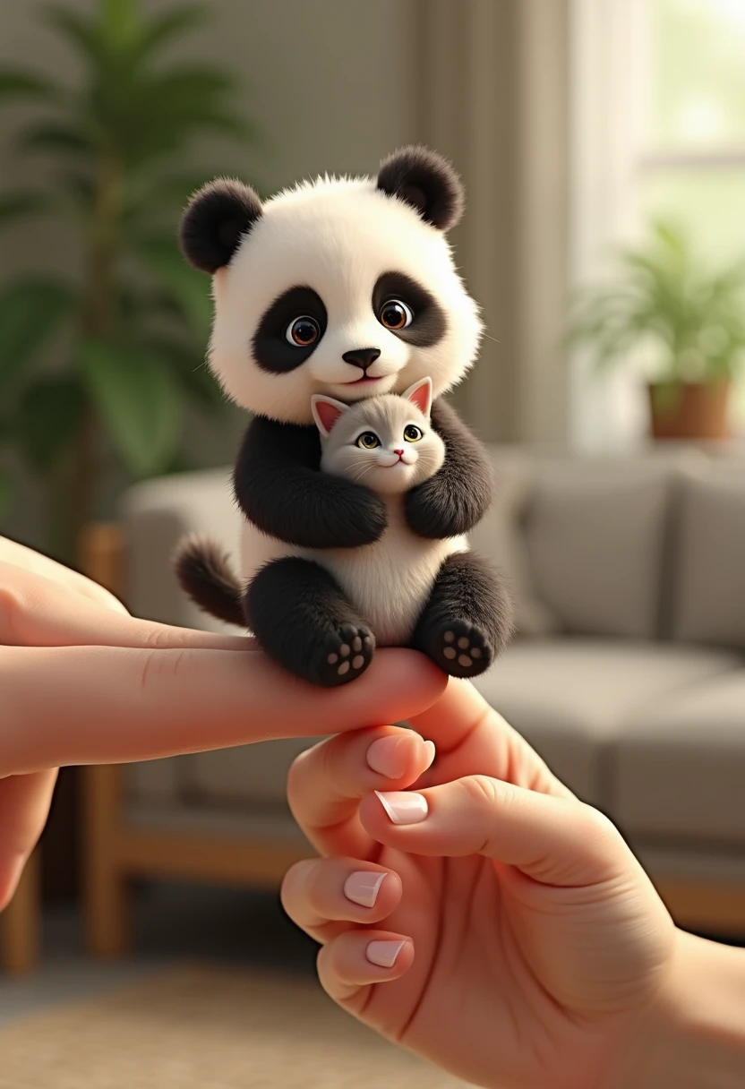 "A tiny panda holding a tiny cat in its arms, both sitting on a human's fingertip. The panda is incredibly detailed, with soft black and white fur, round, black eyes, and an adorable expression of contentment as it gently holds the small cat. The cat is a light grey with white paws, big, wide eyes full of curiosity, and a fluffy tail. They are both incredibly lifelike, with each fur detail and expression captured with realism. The setting is a cozy living room, with soft lighting, a comfortable sofa, and plants in the background. The focus is on the adorable interaction between the two tiny animals, giving a sense of warmth and cuteness in a peaceful, homely atmosphere."