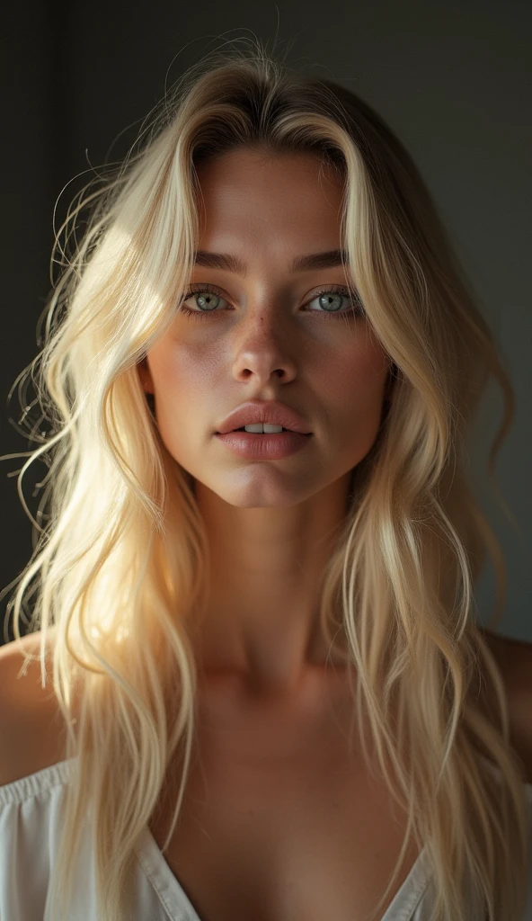 une belle fille aux longs cheveux blonds, detailed eyes, nose, and lips, full body, dans un studio photo, Serious photo, takes a selfie with his right arm, (best quality,4K,8k,high resolution,head of'artwork:1.2),ultra-detailed,(realistic,photorealistic,photo-realistic:1.37),HDR,studio lighting,Highly detailed face and body, portrait,Cinematic lighting,Dramatic lighting,warm color tones,couleurs dramatiques