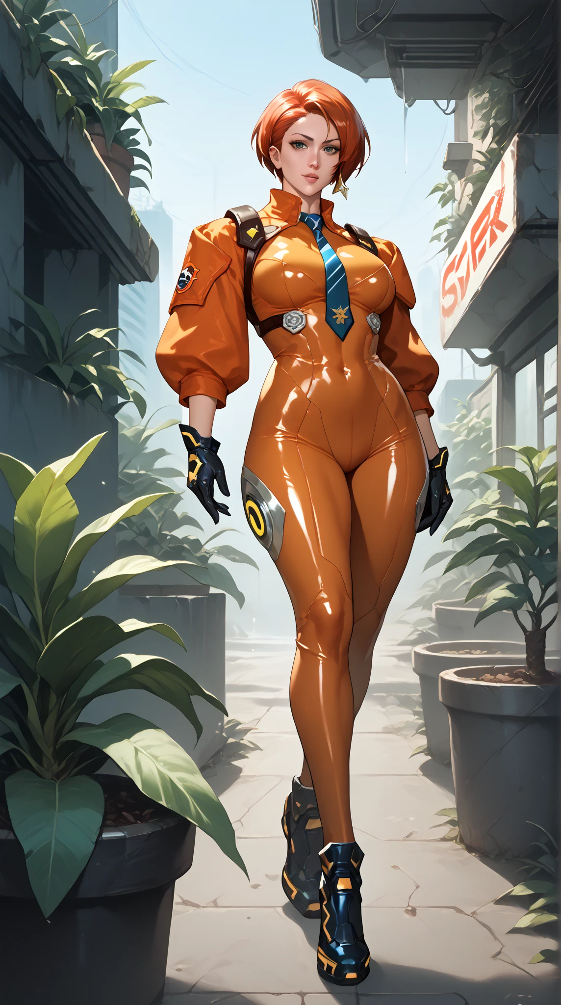 Score_9, Score_8_up, Score_7-up, Score 6-up, ScoreS Score 4_up, Source anime, eve (stellar_blade), solo, bodysuit, necktie, abandoned cyberpunk city overgrown with plants, standing, looking at viewer, shiny clothes, skin tight,