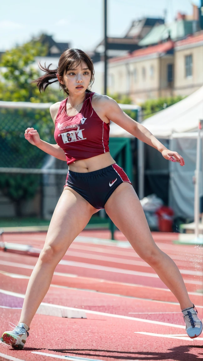 realistic, very detailed CG 통합 8K Dendenden 배경화면, Detail, High-quality RAW color photos, professional photography, (8K, raw photo, top quality), (realistic, realistic: 1.37),high quality 3D render, ultra-detailed, 1girl, teenager, track and field athlete, long jump, mid-air jump, mid-jump pose,, athletic, muscular, powerful, determined expression, outdoor track and field scene, bright sunlight, motion blur, realistic, photo realistic, cinematic lighting, vibrant colors, high contrast, dramatic shadows, pristine detail, sharp focus