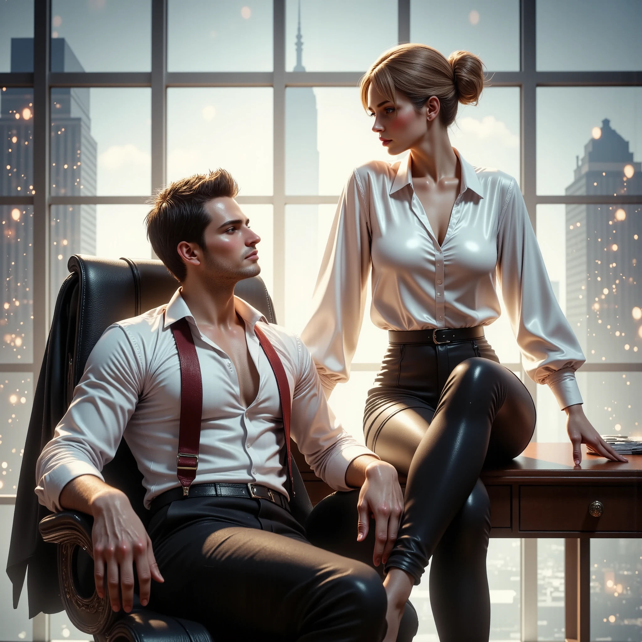 FOR BOOKCOVER, modern fantasy world, book cover photorealistic illustration a very handsome 30 years brutal attractive sexual businessman dressed in suit sit on chair with his beautiful cool smile 18years smile flirtous cool sexy woman with short blondhairs dressed in white silk blouse and black sirt in cool pose, face to face,dynamic scene,in modern dress,in the background modern office with panoramic window city view, face to face, love, tenderness, care, bright colors, glitter, waist high, maximum texture, super high detail, perfect natural proportions, contrasting bright colors, dynamic pose, high quality, sharp focus, highly detailed facial features, uplight, focus eyes, clean eyes with detail, volumetric lighting, hyperreal photograph, high contrast, depth of field, unreal engine5 --niji 5 VIBRANT VIVID,perfect anatomy,perfect hands,perfect fingers. Triadic vivid colors. (((ultra textured))) (((look eyes to eyes: 1.5)))