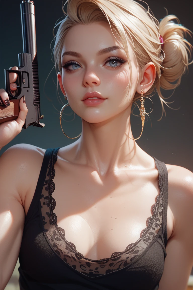 PonyXLV6_Scores,source_anime,masterpiece,best quality, highly detailed,cinematic,unity 8k wallpaper, amazing quality, masterpiece, best quality,  UHD, perfect ,
BREAK
 <lora:helga:0.8>helga, 1girl, solo, weapon, gun, blonde hair, gloves, single braid, handgun, mole, , mole under eye, strap slip, short hair, cleavage, lipstick, tank top,looking at viewer,