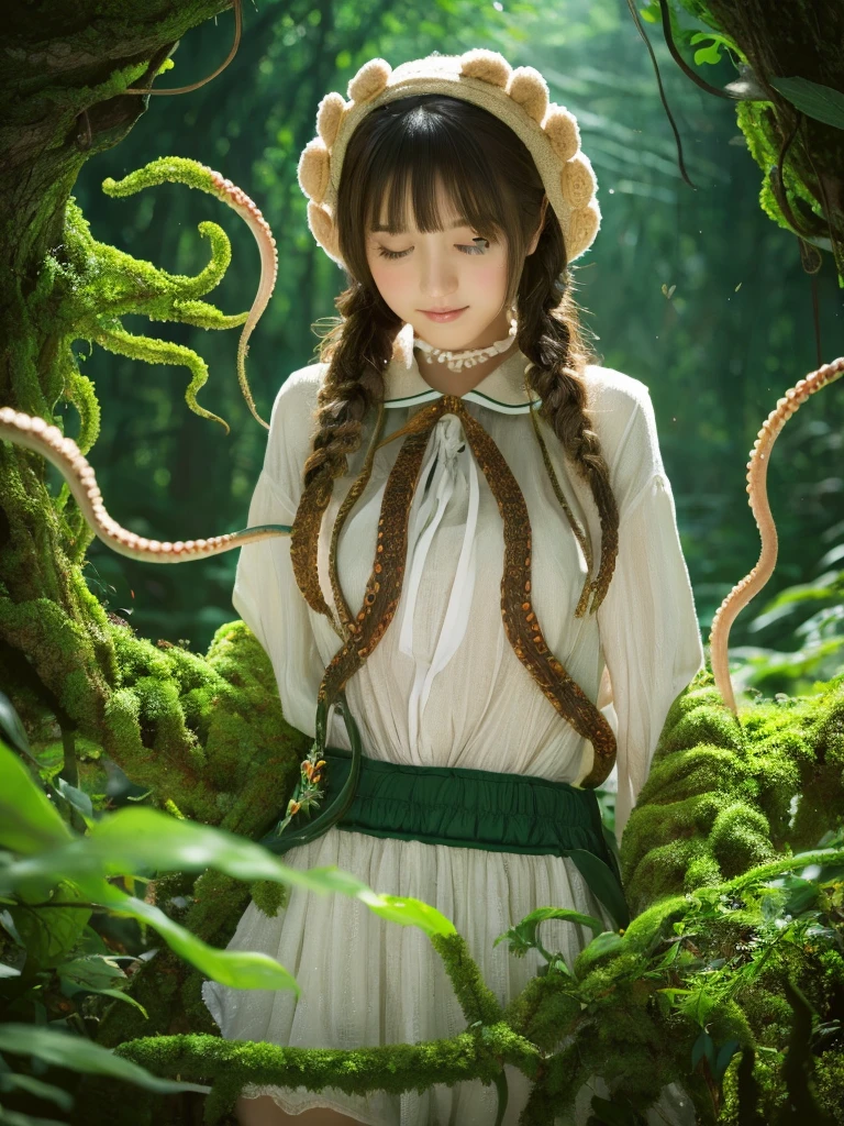 ((highest quality, masterpiece :1.3)),  photorealistic、 ultra high resolution with forest background、 natural skin texture、 hyperrealism 、Photograph from the waist up、 Japanese girl、 tentacles from a hole in the pussy 、 tentacles who can't bear the pain