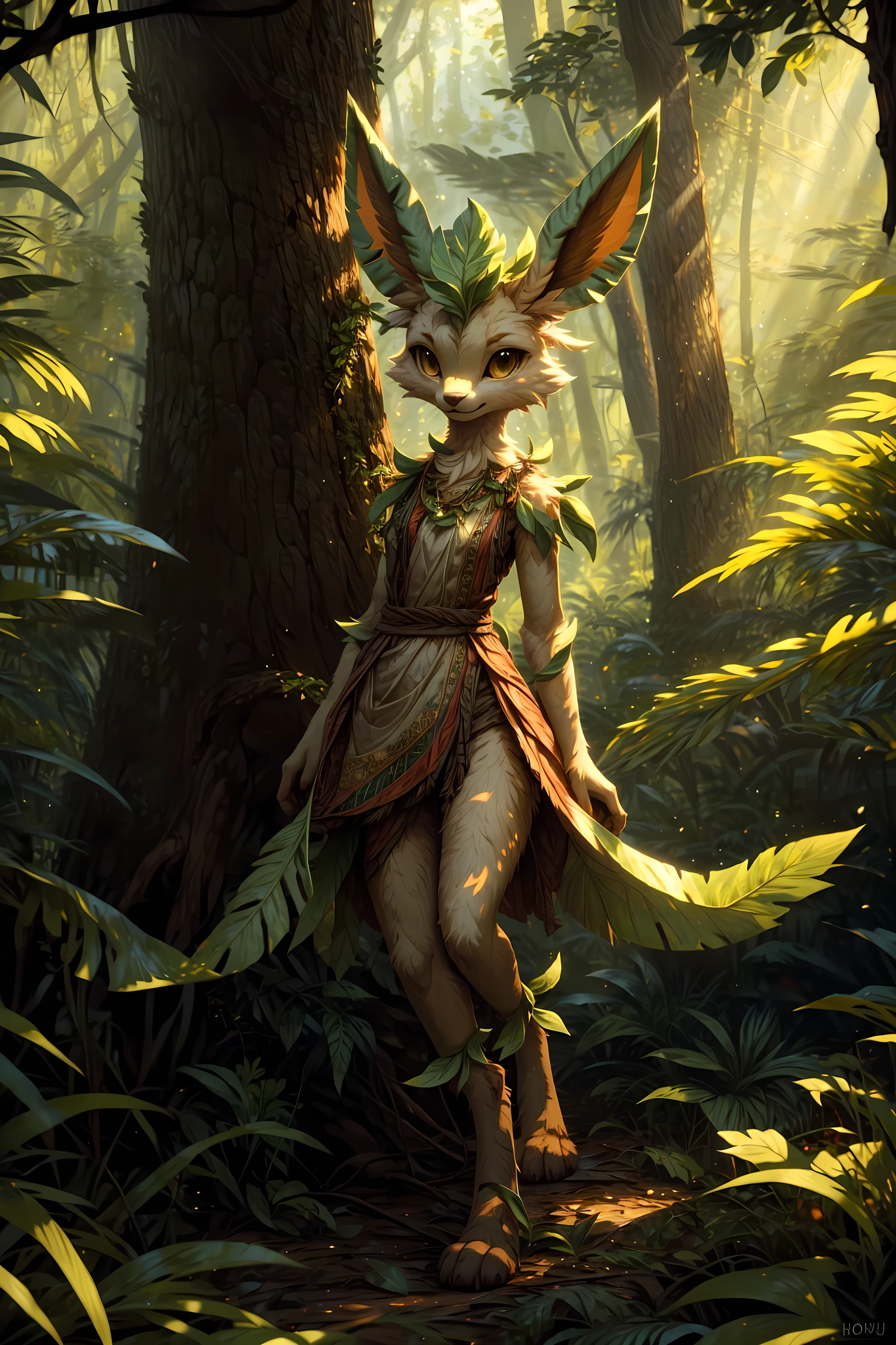 Mystic illustration, antro leafeon on the forest floor to knees, digitigrade toes, slim, from bushes pov, high quality, 4k, professional illustration, trending, masterpiece, forest light and shadows effect, lightray, warm colors tone, clothes of leaves, high quality dirt, treeroof's shadows, oil painting realism, by hioshiru, tree, 