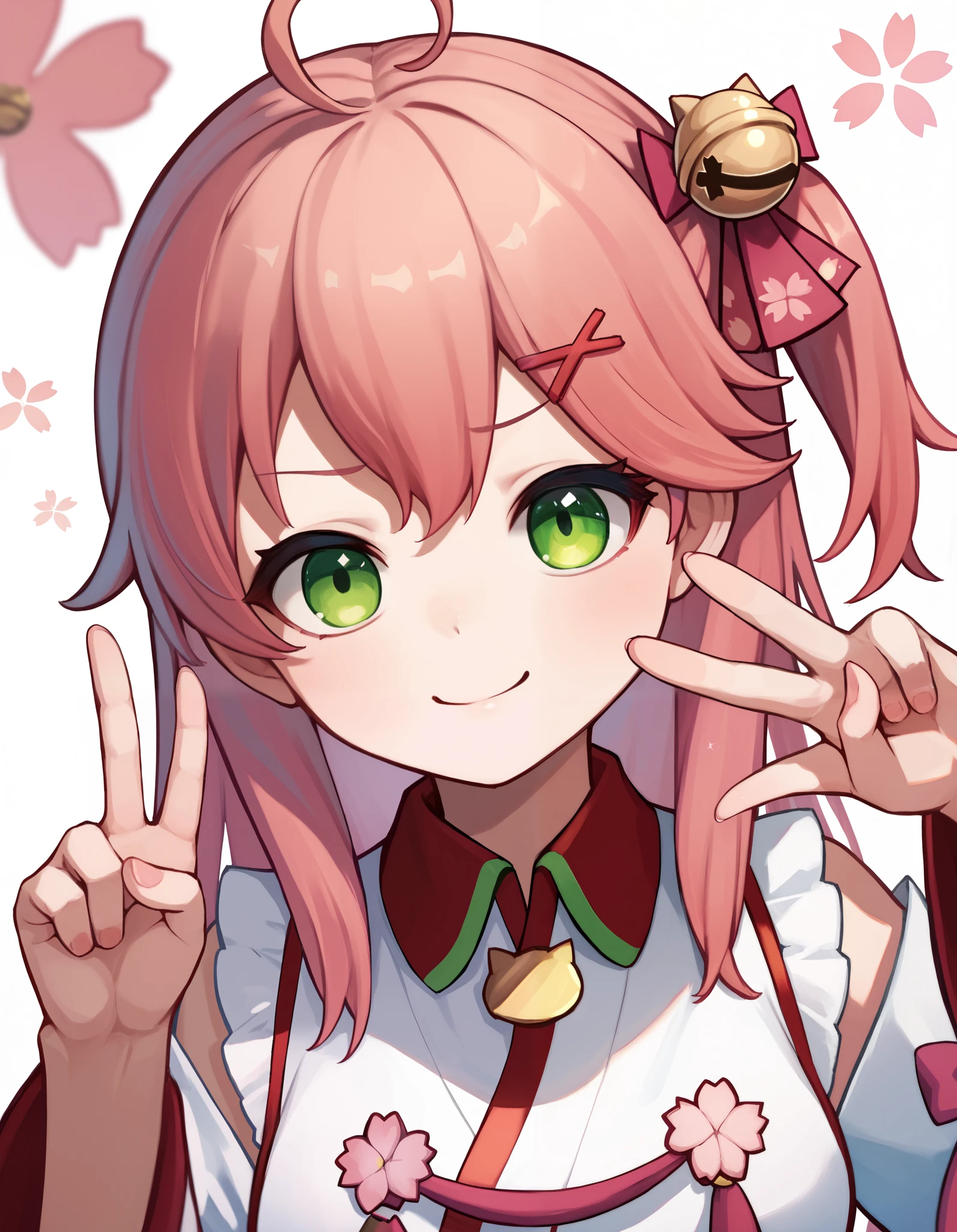  1 girl, Sakura Miko, Sakura Miko \(1st costume\),  hololive , :>, Ahoge, Bell, Cherry Blossom Print,  sleeve removed, Floral print, flower, Green Eyes, hair Bell,  Hair Ornament , Half-open eyes, jingle Bell,  One side up, footprints, footprints pattern,  Pink Flowers ,  Pink Hair, Alone, Sparkle,  upper body,  V Shaped Eyebrow  , V on head,  virtual YouTuber , White background, x  Hair Ornament ,  