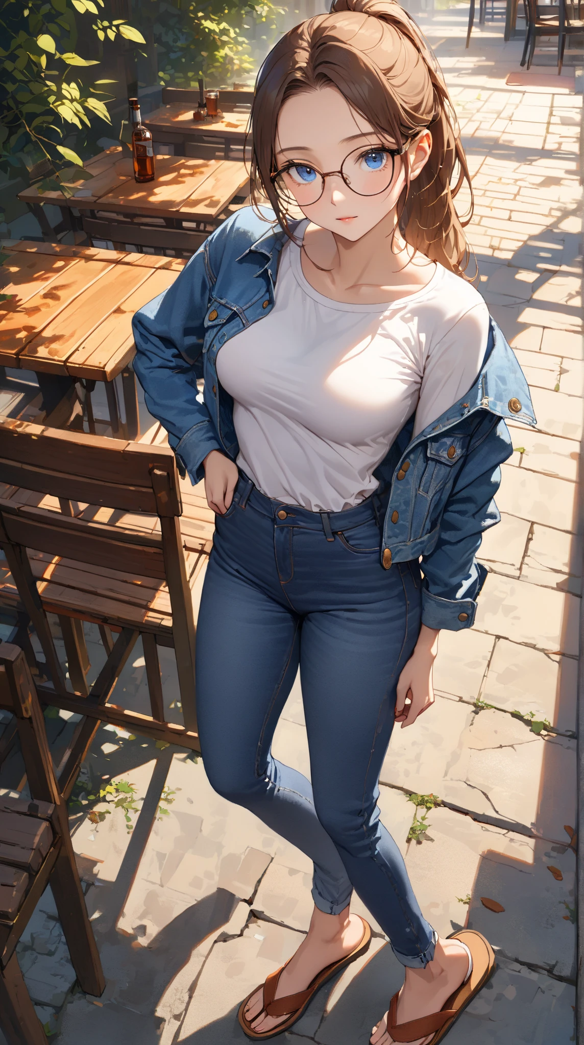 ((18 year old girl))、(highest quality、Tabletop、8k、Best image quality、Award-winning works)、1. Beautiful 、(Polyester collared long sleeve shirt:1.1)、(Red ribbon on the chest:1.1)、(Slim denim:1.5)、(Standing Elegantly:1.1)、(Full body photo from head to foot:1.5)、(Long legs:1.3)、The most detailed and perfect face、Realistic, ((Realistic natural orange red hairstyle, Realistic blue eyes)), ( Short Bob Hair:1.5), (necklace:1.5)、(Bare feet and sneakers:1.2)、Big Breasts、Accentuate your body lines、(Look at me with your best smile:1.5)、Rural mountain surrounded by strongly blurred nature々Background of a narrow school road、Brightly lit face、Ultra-high definition beauty face、Ultra high resolution perfect beautiful teeth、Ultra HD Hair、(Beautiful skin that stands out in ultra-high resolution:1.1)、Ultra-high quality glossy lips、(very bright and vivid:1.1)、(Accurate anatomy:1.1)