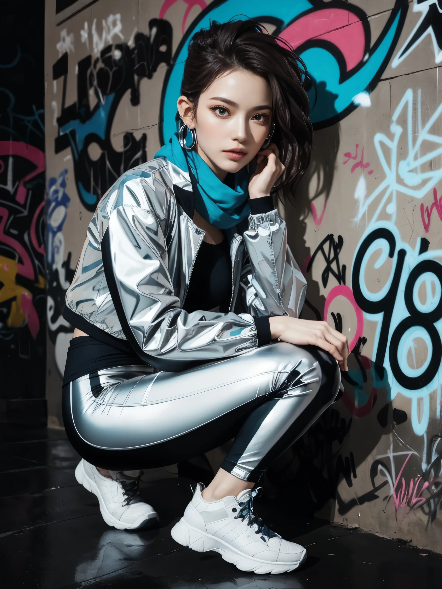 girl, full body, crouch, glossy reflective silver jacket, glossy reflective silver pants, chameleon chrome, long side swept punk hair, looking at viewer, hoop earring, scarf, sneakers, graffiti walls, highest quality, gale, ultra detailed, seductive, lycra, rashguard, dark brown hair, dark blue and white theme, intricate details,