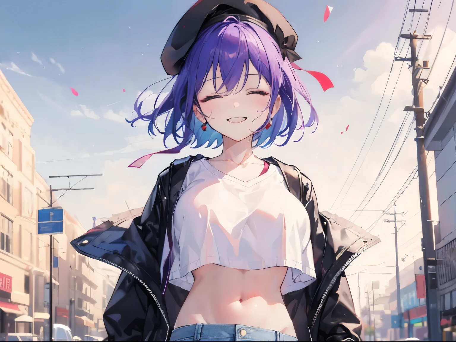 (Laughing face, big smile closed eyes), 1 girl, upper body, (facing viewer, looking viewer), (closed eyes), (purple hair, straight hair, very short hair, large breast), ((black beret, black coat, white crop top, denim skirt)), collarbone, (outdoor), Sharp Focus, (Best Quality, masterpiece, detailed, facial focus), (solo shot), ((navel, stomach)), standing straight