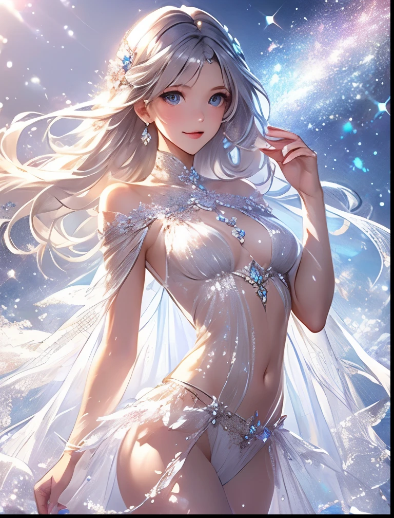 （（（ＳＦＷ、Precision、Highest quality、A first-class masterpiece、Normal body、8k、  Detailed Face 、Ultra-precision、 Normal hand、５refer to、Highest）））、Neat, pretty, and cute silver-haired beautiful girl wearing a transparent and glittering belly button see-through super high-leg cut dress