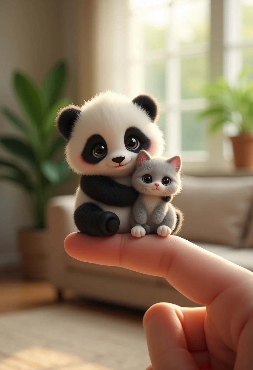 "A tiny panda holding a tiny cat in its arms, both sitting on a human's fingertip. The panda is incredibly detailed, with soft black and white fur, round, black eyes, and an adorable expression of contentment as it gently holds the small cat. The cat is a light grey with white paws, big, wide eyes full of curiosity, and a fluffy tail. They are both incredibly lifelike, with each fur detail and expression captured with realism. The setting is a cozy living room, with soft lighting, a comfortable sofa, and plants in the background. The focus is on the adorable interaction between the two tiny animals, giving a sense of warmth and cuteness in a peaceful, homely atmosphere."