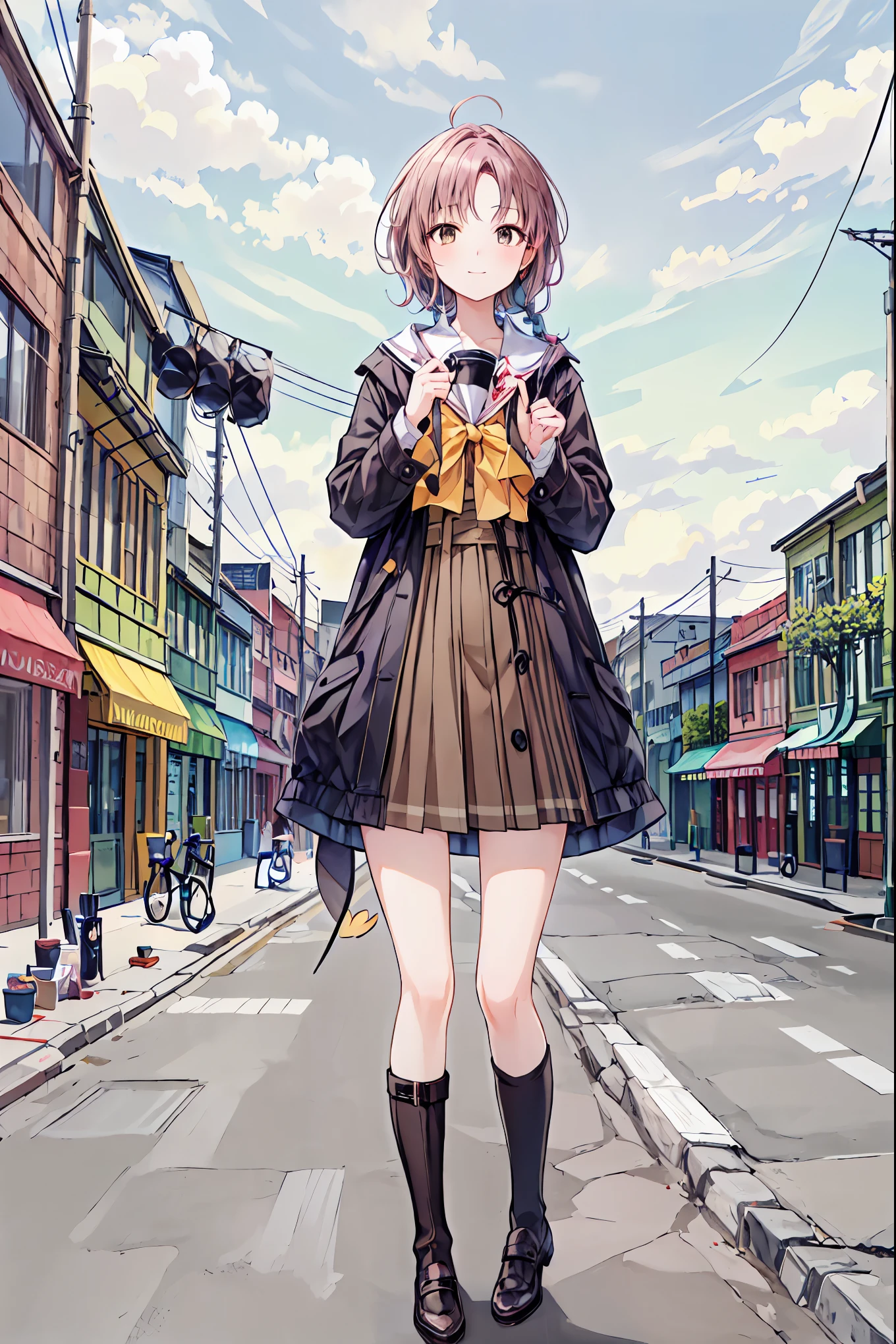  brown hair， shortcuts， messy hair ， Short Braided Hair ，Neat， slender beauty，Dignified posture， small breasts， beautiful legs with tails， her enchanting gray-blue eyes shine like stars， vibrant colors,  beautiful eyes ,繊細なsmile,textured skin, best quality ,  gentle and beautiful woman  , anime style､Irohaisshiki, Isshiki Iroha ,  long hair,  Short Braided Hair , ponytails bleeding from the vagina, brown hair, ( Brown Eyes :1.5), smile, muffler , Long Coat , sweater, long black skirt , black tights, Short Boots ,morning日,morning,Campus Life,On the way to school in winter,Cold Sky,that&#39;that&#39;s it's snowing ,
break outdoors, Around town,ビル街
break looking at viewer,
break (masterpiece:1.2),  best quality,  high definition ,  unity 8k Wallpaper , (shape:0.8), (美しくて  beautiful eyes :1.6),   I have a very detailed face ,  perfect lighting,  Highly Detailed CG, (  Perfect Hands ,   Perfect Anatomy  ),