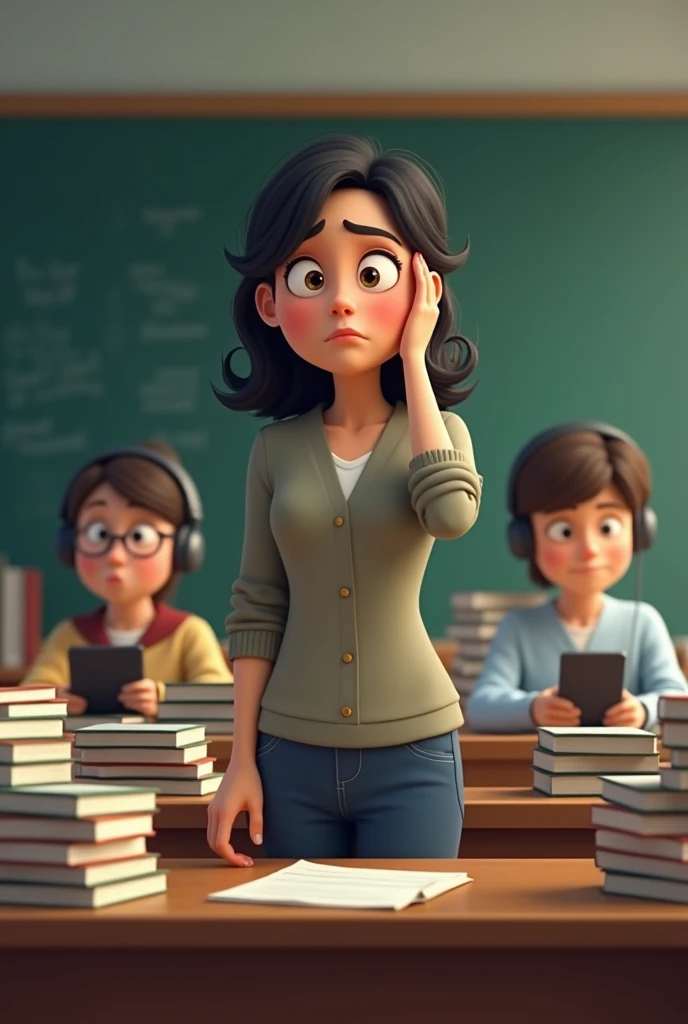 I want an image of a teacher explaining, upset because there are two girls behind her not paying attention.