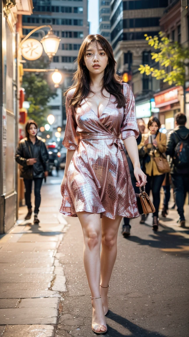 professional photo of 1 asian girl, mini dress, full body photo, masterpiece, beautiful landscape, photoRealistic, intricate-detail、Raw foto、perfect skin, radiant skin, white skin, natural makeup, Trending in art stations, 1girl 20 yrs, 170 height, light brown medium Hair, young monica bellucii face , beautiful face, real face, better eyes, face and skin, dimple, cute girl, small nose, sweet girl, jaw dropping beauty, smiling with dimples, white teeth, curly hair, green eyes, beautiful eyes, seductive smile, sensual full lips, medium breasts, sexy cleavage, curvy girl, gorgeous girl, darkviolet mini A Line Shift Dress, royalblu dress, pink and navyblu color, designer minidress, prada spring collection dresses, walkiing down on the streets detailed legs, vogue style, beautiful colors, beautiful contrast colors, Super detail body, perfect body, perfect legs, confident woman, seductive smile, pastel colors, glamorous design with beautiful details, intricate details, designer outfit, expensive outfit, sexy cleavage, modern and chic accessories, small pearl earrings, vivid colors, various poses, foreground objects, background details, feminine and stylish girl, super sharp image, 18K, beautiful pose, full body photo, smiling, vibrant colors, mini Dress limegreen color dress, intricate details, hand made details, designer dress, glamorous design, stylish and feminine girl, fashionable clothes, beautiful clothes contrast, Try adding a chic accent, uhd, various poses, image clarity, depth of field, real life enhancer, walkiing down on the streets perfect legs, multi floral print dress, She wears a burgundy SLIM-FIT JACKET, elegant jacket, designer jacket with beautiful details, high quality jacket, super realistic