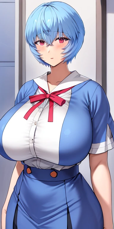 ayanami_king_Mogudan, Huge_chest,  standing, Alone, Mogudan_ミニ skirt_Interrupt_ skirt_School_uniform, masterpiece,  best quality,  detailed face ,  detail eyes,  high definition , Huge垂れ下がったchestの谷間