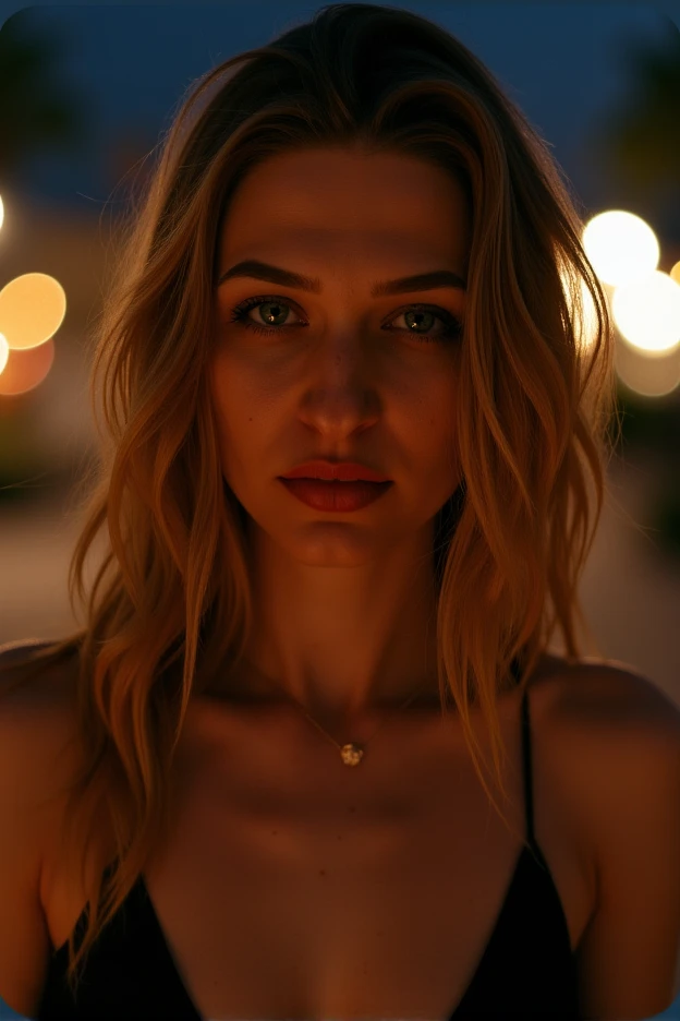 high quality, best quality, ultra detailed, 1 girl, t_nov_flux, blonde, 25 year old, intricate details, skinny, flat stomach, small perfectly round breasts, perfect eyes, realistic lighting, photo, photorealistic, Beautiful girl, long hair , (red lips), hyperrealistic, slender body, detailed skin texture, Semi-realistic image, silhouette style photograph of a naturally beautiful woman, alluring, sensuous, no makeup, long dark blonde tousled hair, full lips, (freckles:0.5), light-colored perfect eyes, wearing a loose low cut white dress, night, blurred lights in the background, natural light, casting shadow style, extremely intricate details, masterpiece, epic