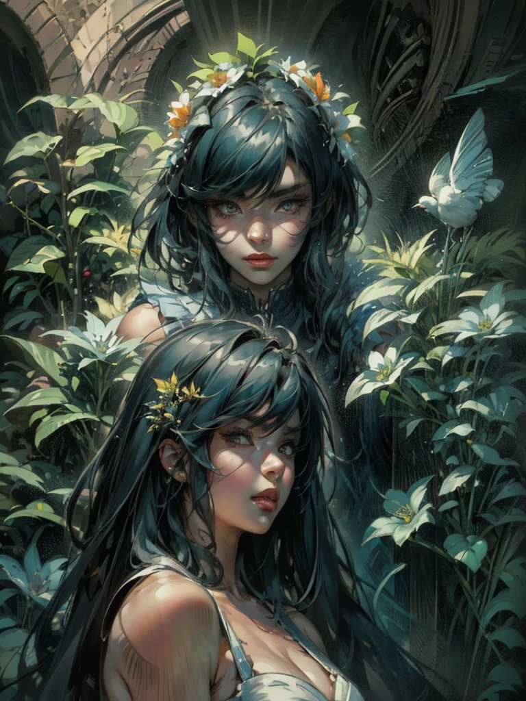 A hyper-realistic masterpiece by Esao Andrews featuring an enchanting, bioluminescent girl-morphe bird creature like no other. The birdgirl, with her slender, glowing body, is adorned with multi-colored neon dots that emit a brilliant light. Her translucent skin reveals her intricate internal structure, while her small, round appendages function as arms, tenderly embracing her otherworldly fish-like face. Esao Andrews' exceptional artistic skills transport the viewer into a world of wonder and mystique, where this captivating creature ignites the imagination.