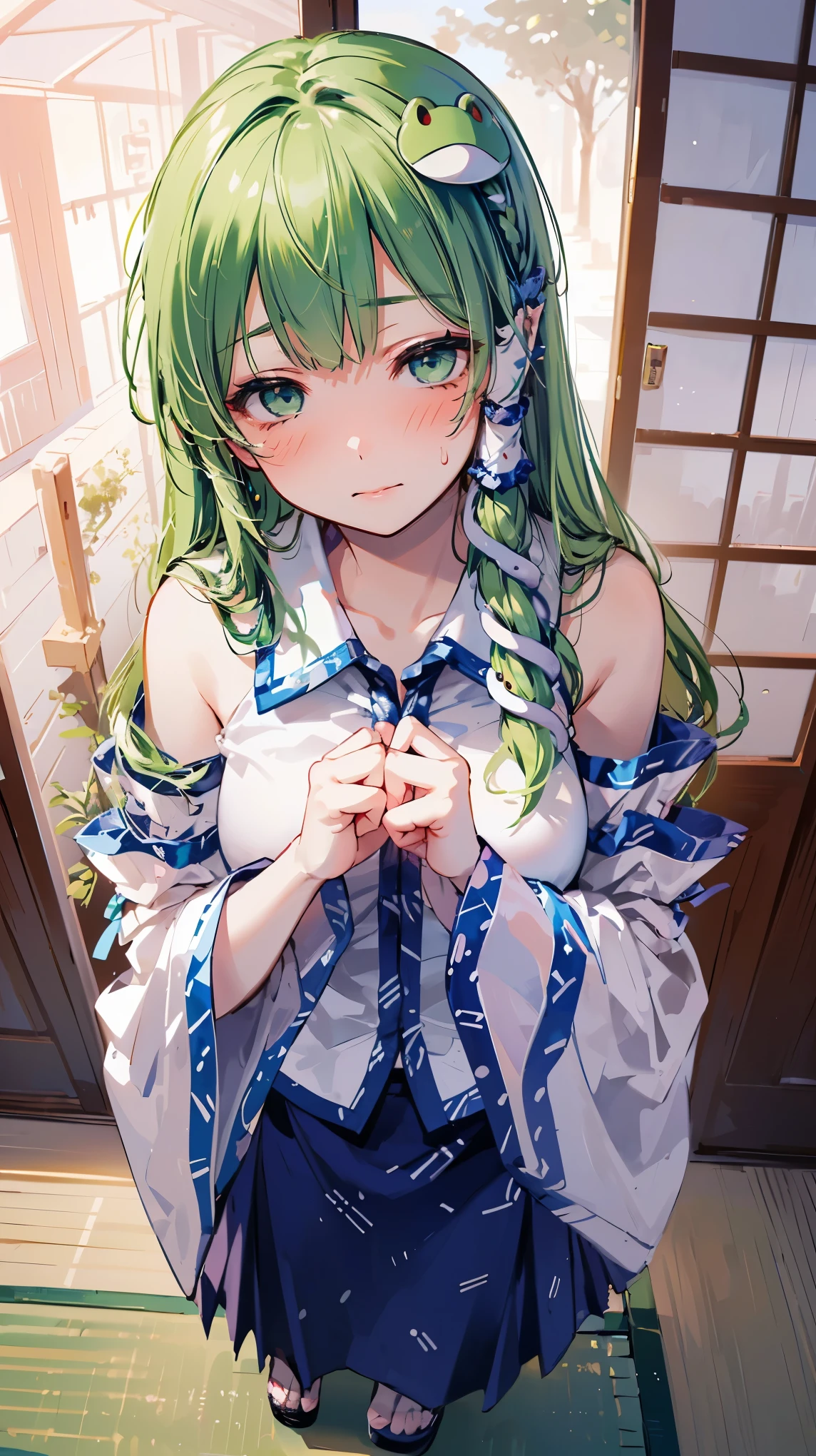 (real animation), (best quality,8k,highres,masterpiece:1.2),ultra-detailed,(realistic,photorealistic,photo-realistic:1.37), portrait, ((kochiya sanae, 1girl,long hair,green hair,green eyes,frog hair ornament, hair tubes,snake,bare, shoulders,detached sleeves,shirt,skirt)), gentle expression,rosy cheeks, ((surprising face:1.6, embarrassed :1.4, full blush:1.6, fell in love at first sight)), (indoor, Japanese style room, tatami)、sweat、cute、full body、standing