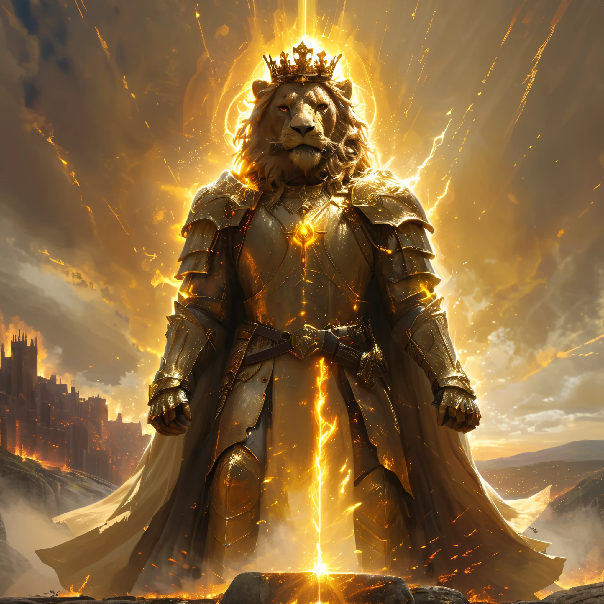 A heroic figure with a golden glow all around. His cloak resembles the sun's rays, and the lion symbol is burning on his chest. A crown on the head that emits light. He stands on top of a cliff, watching the city below. Background: Bright sunlight breaking through the clouds