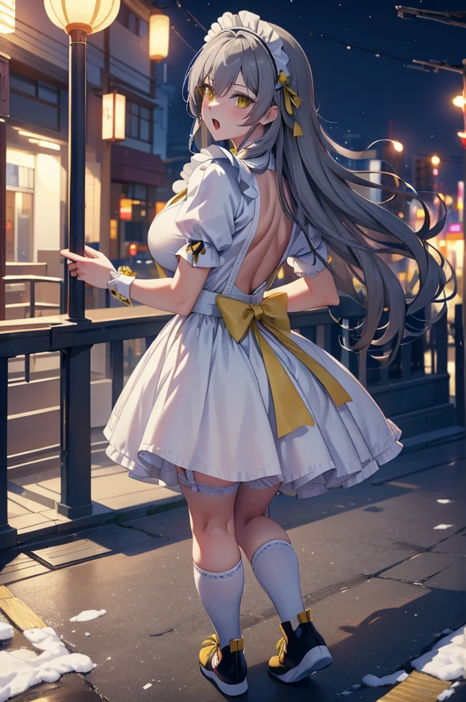 a cute femboy , trap,stelle hsr, gray hair,long hair ,yellow eyes, large breasts, open mouth,wearing a japan maid dress with a white stocking with garter belt, eye makeup , between eye , sexy big butt, from behind, looking back , wearing a sneaker ,standing in a downtown city at snowy night time.