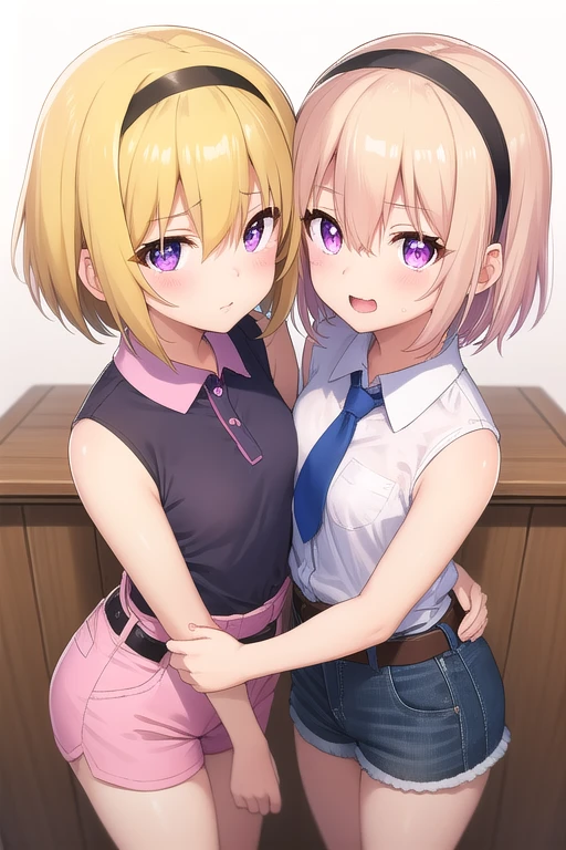 ultra-detailed,
master piece,best quality,high resolution,
beautiful eyes,detailed eyes,detailed face,
beautiful detailed eyes,symmetrical clear eyes,
1girl,,houjou satoko,short hair,black hairband,blonde hair,violet eyes,hair between eyes,collared shirt,sleeveless shirt,pink shirt,shirt tucked in,small breasts,belt,short shorts,blue shorts,white socks,pink footwear,